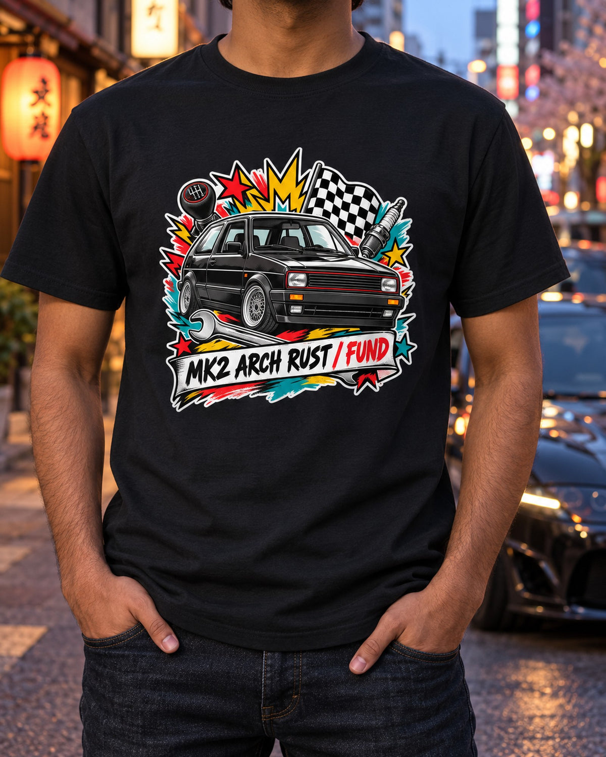 VW Golf Mk2 GTI Sticker Bomb Shirt, Arch Rust Fund Tee T-Shirt Black worn hero