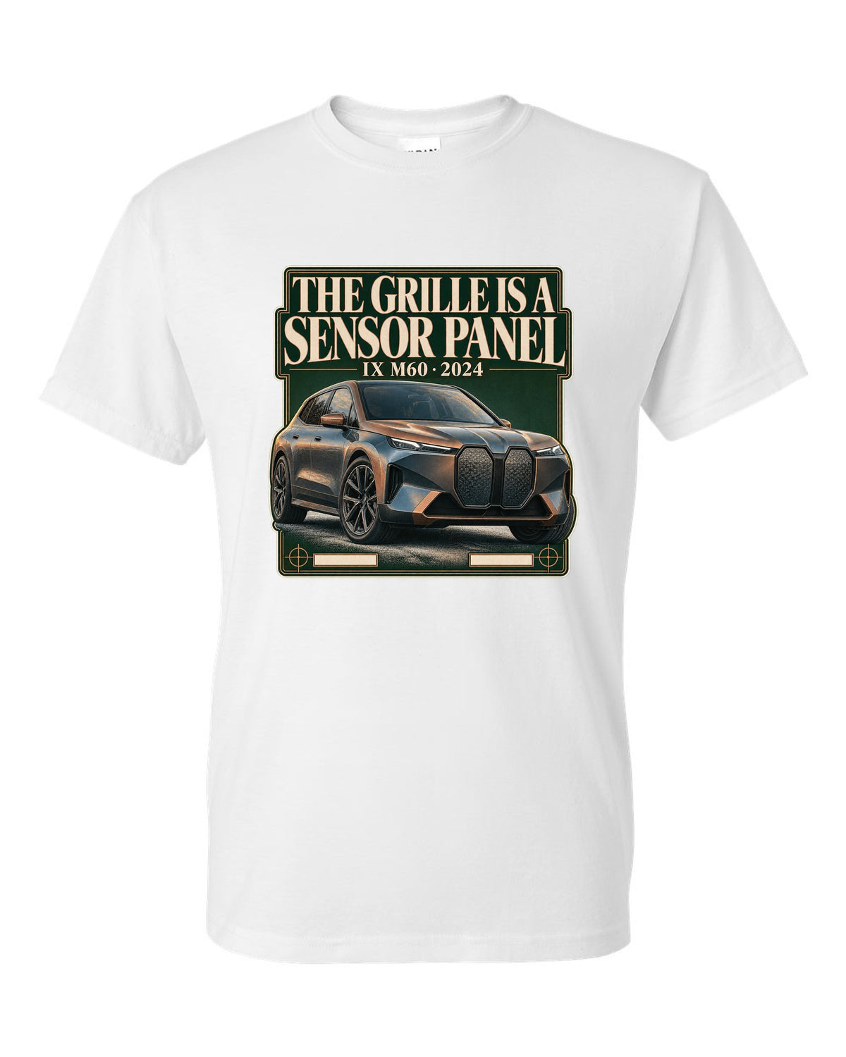 Editorial headline print for the BMW iX M60 I20 saying the grille is a sensor panel white t-shirt front view with the design