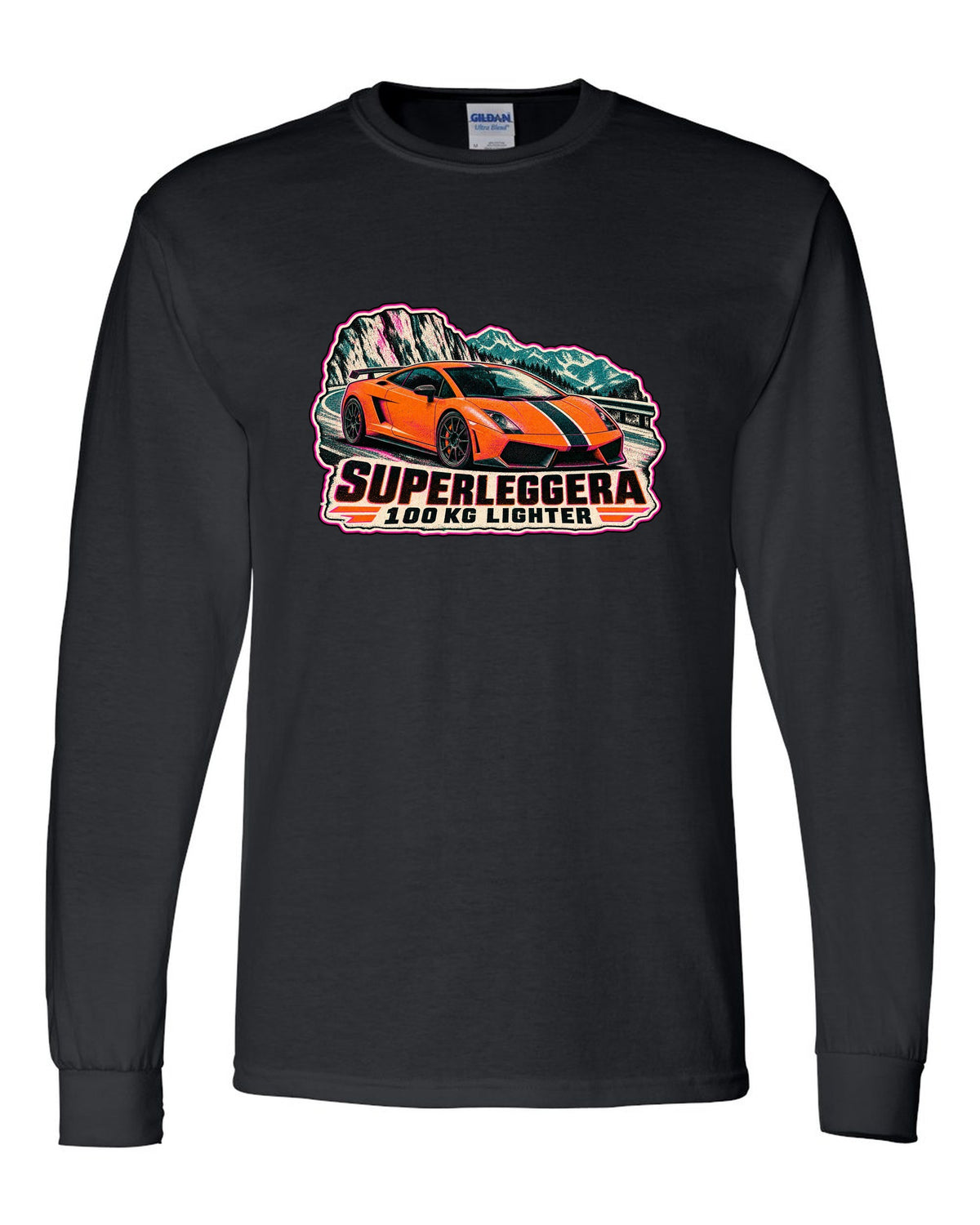 Risograph-style Lamborghini Gallardo Superleggera design with 100 KG lighter lettering black long sleeve front view with the design