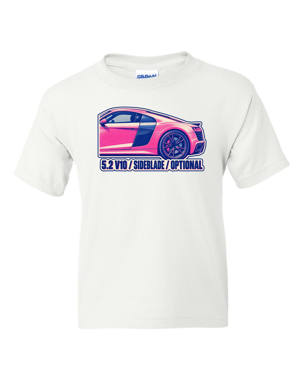 Risograph two-ink print of an Audi R8 4S with 5.2 V10 and Sideblade text white kids tee front view with the design
