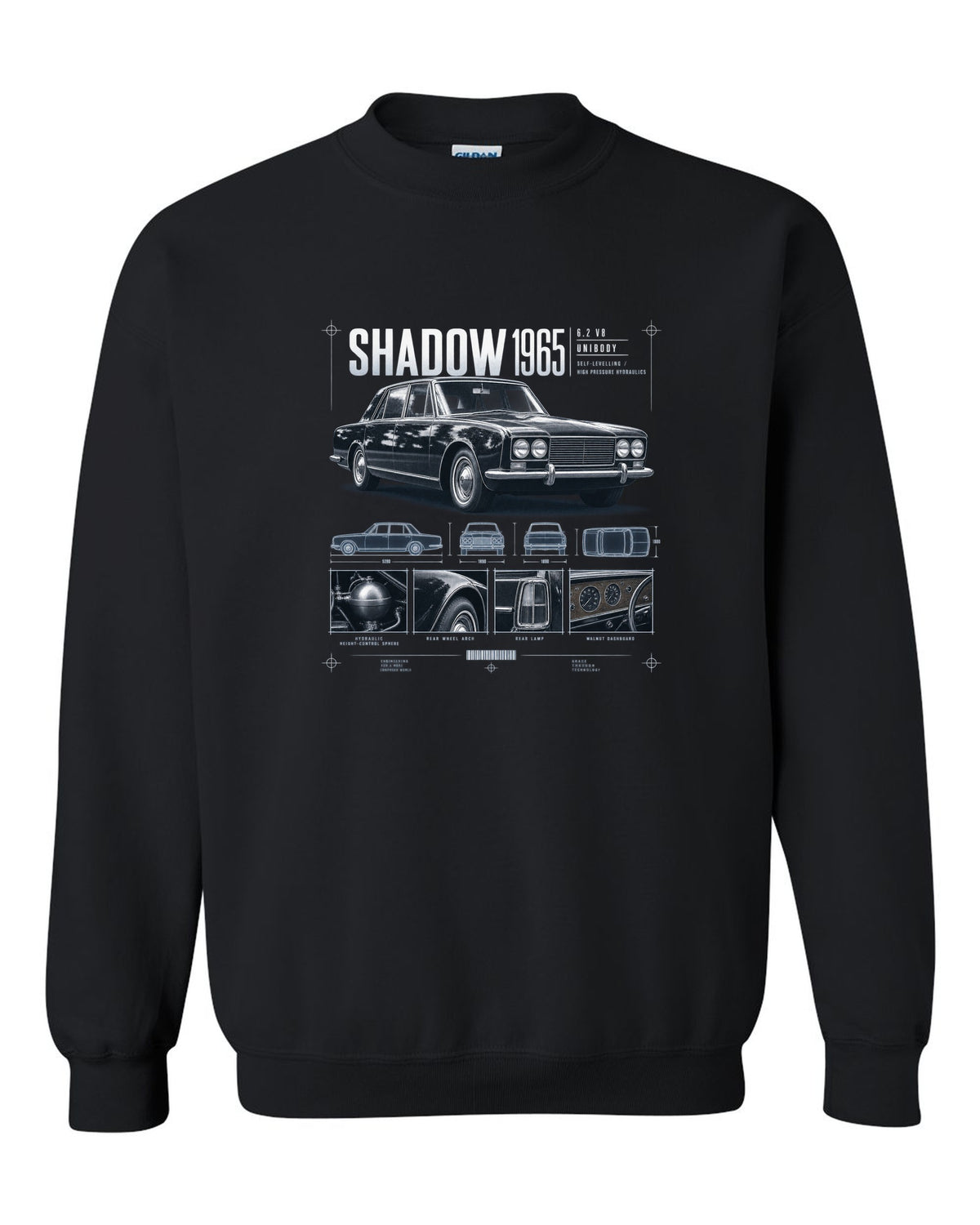 Rolls-Royce Silver Shadow 1965 dossier panels about hydraulics black crewneck front view with the design