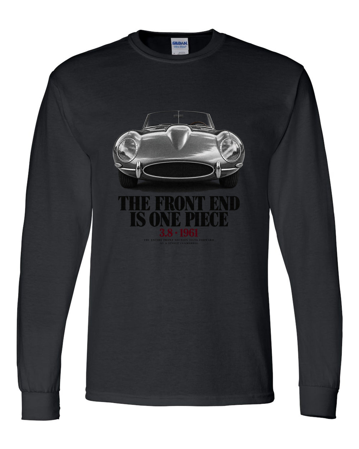 Jaguar E-Type Series 1 front end macro print black long sleeve front view with the design