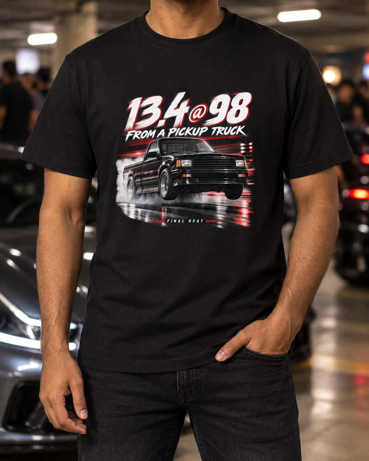 GMC Syclone Quarter Mile Race Poster Tee, 13.4 at 98 T-Shirt Black worn hero