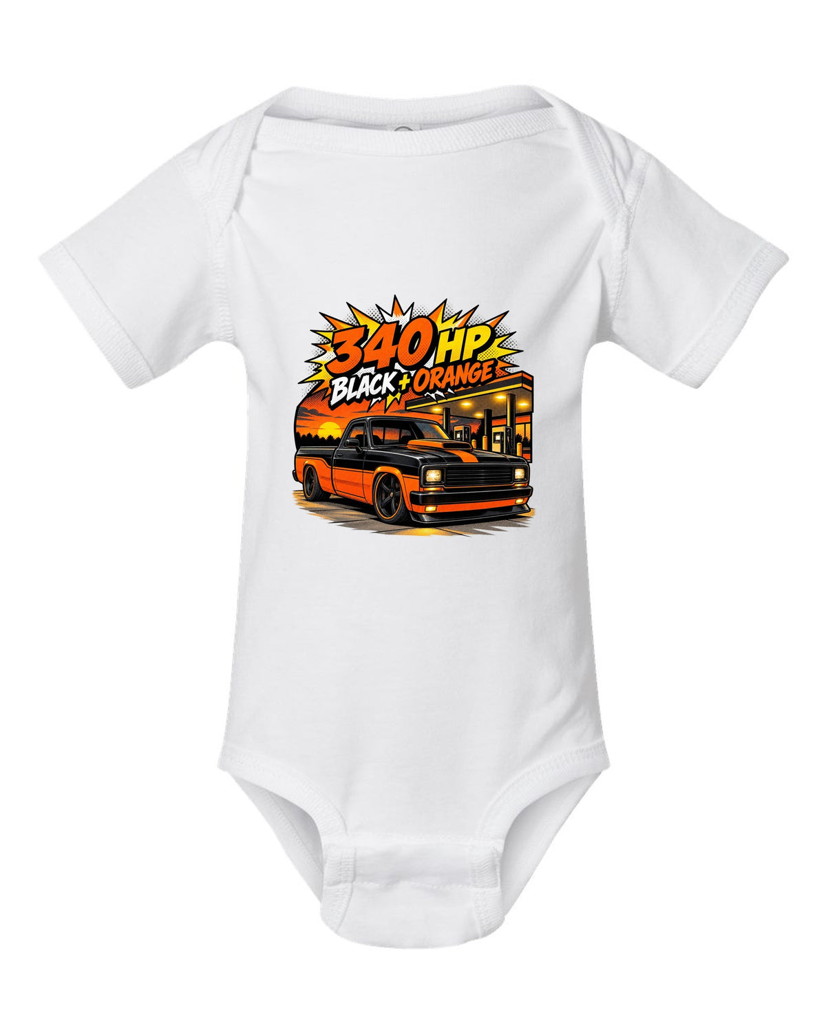 Ford F-150 SVT Lightning Harley edition in a comic halftone pop-art print white baby onesie front view with the design
