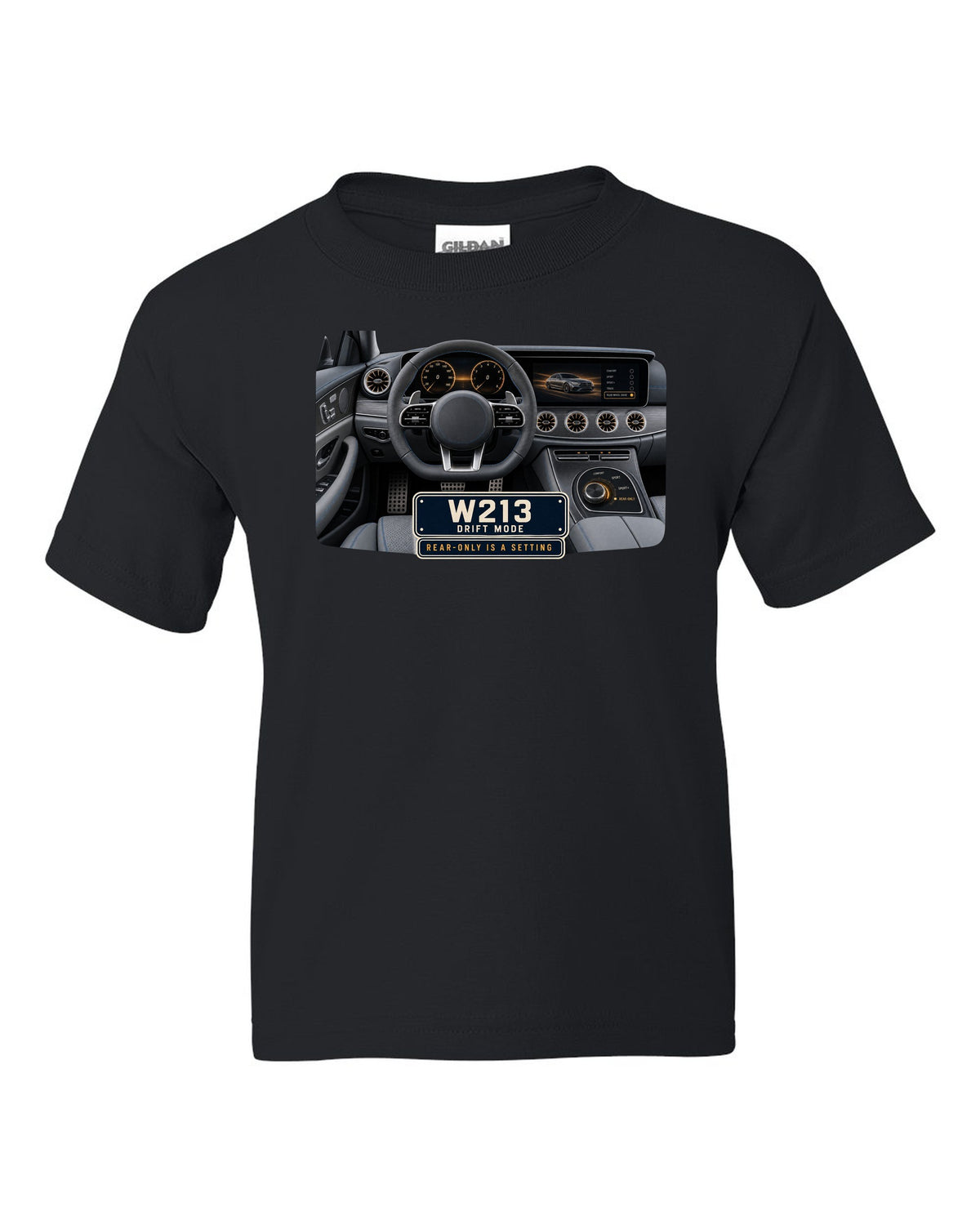 Cockpit and gauge print of a Mercedes-AMG E63 S W213 interior with drift mode black kids tee front view with the design