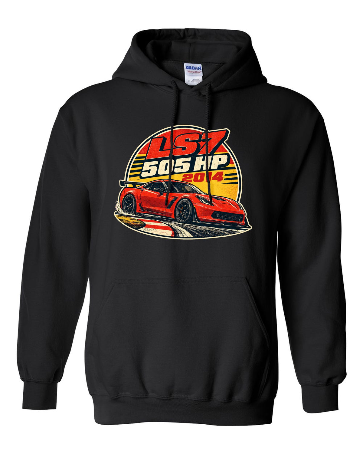 2014 Chevrolet Camaro Z/28 LS7 vintage race poster print with 505 HP text black pull over hoodie front view with the design