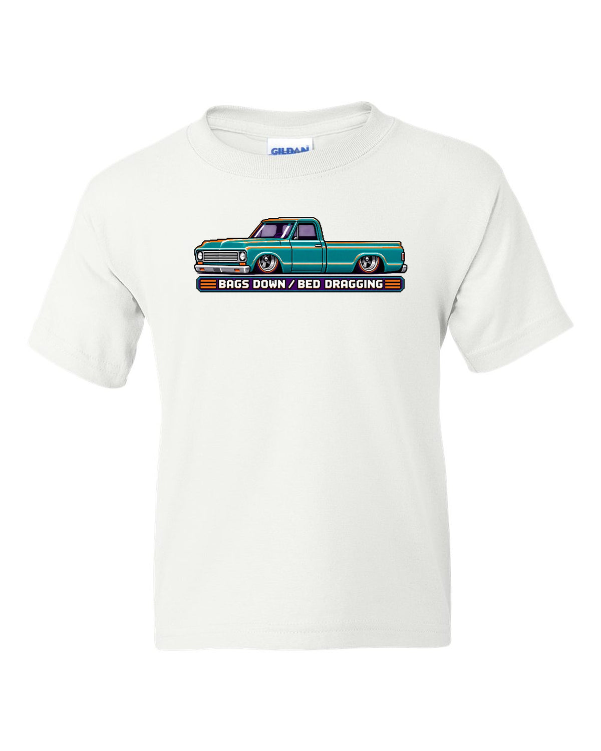 8/16-bit pixel art print of a bagged 1967-72 Chevrolet C10 Action Line Fleetside with bags down bed dragging lettering white kids tee front view with the design