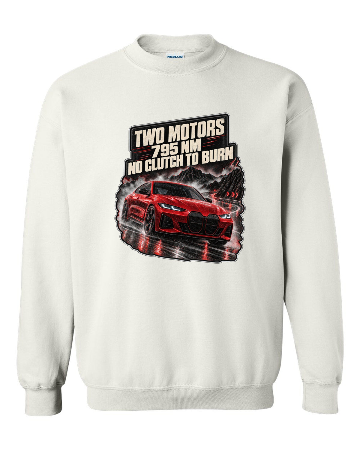 Night touge road print of a BMW i4 M50 G26 with two motors and 795 Nm white crewneck front view with the design