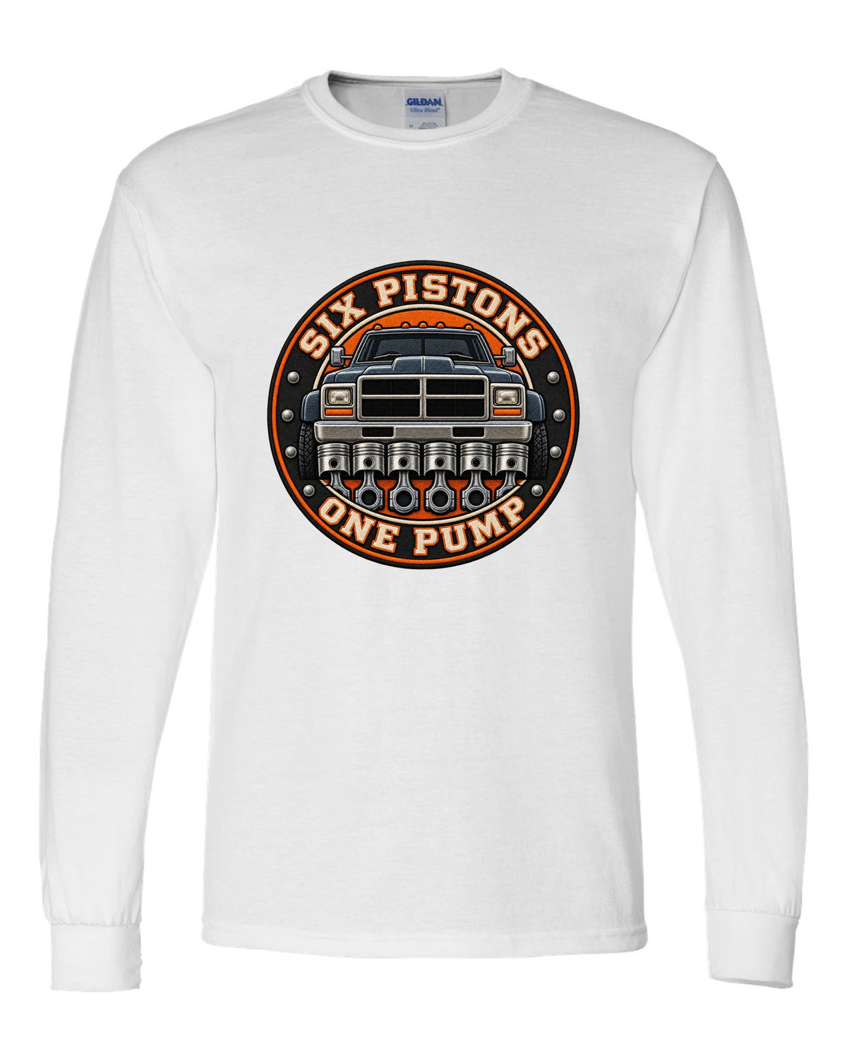 Round varsity crest print for a 1994-1998 Dodge Ram 2500 12V Cummins white long sleeve front view with the design