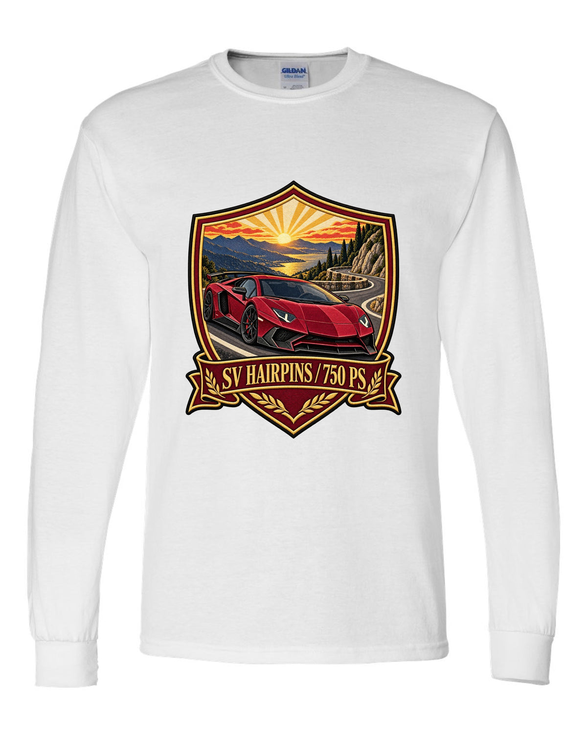 Embroidery-style shield crest of a Lamborghini Aventador LP750-4 SV on a golden hour hairpin white long sleeve front view with the design