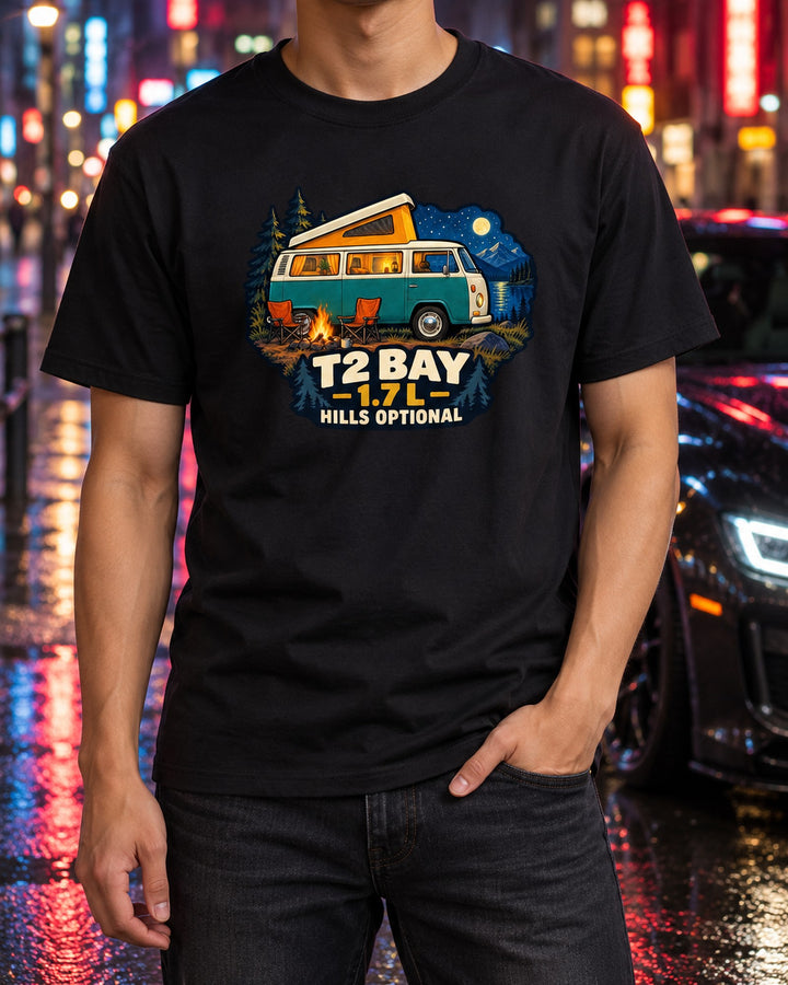 Volkswagen T2 Bay Window Bus Camp Gouache print Tee T-Shirt Black worn hero