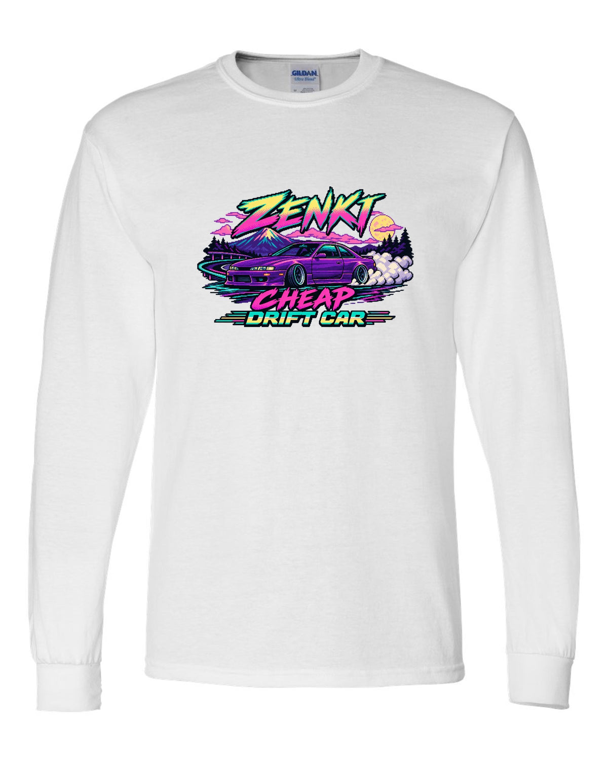 16-bit pixel art print of a Nissan Silvia S14 zenki drift car white long sleeve front view with the design