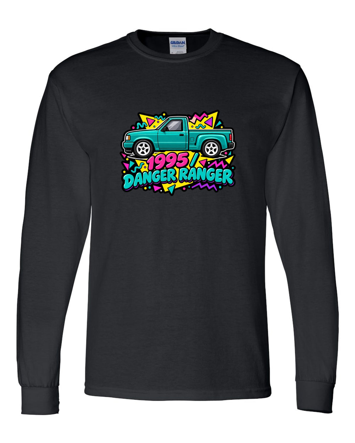 Ford Ranger 1995 stepside in a 90s Memphis sticker pack print black long sleeve front view with the design
