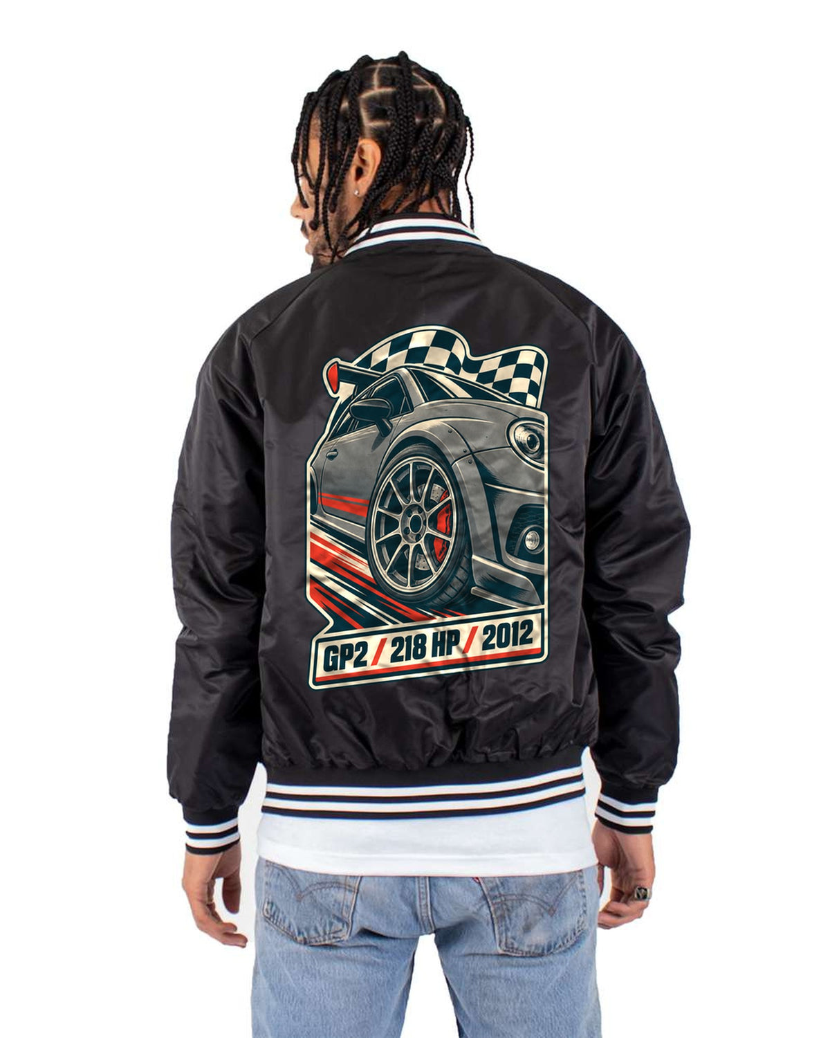 Mini Cooper GP2 R56 Vintage Race Poster Shirt, 218 HP Bomber Jacket Black back