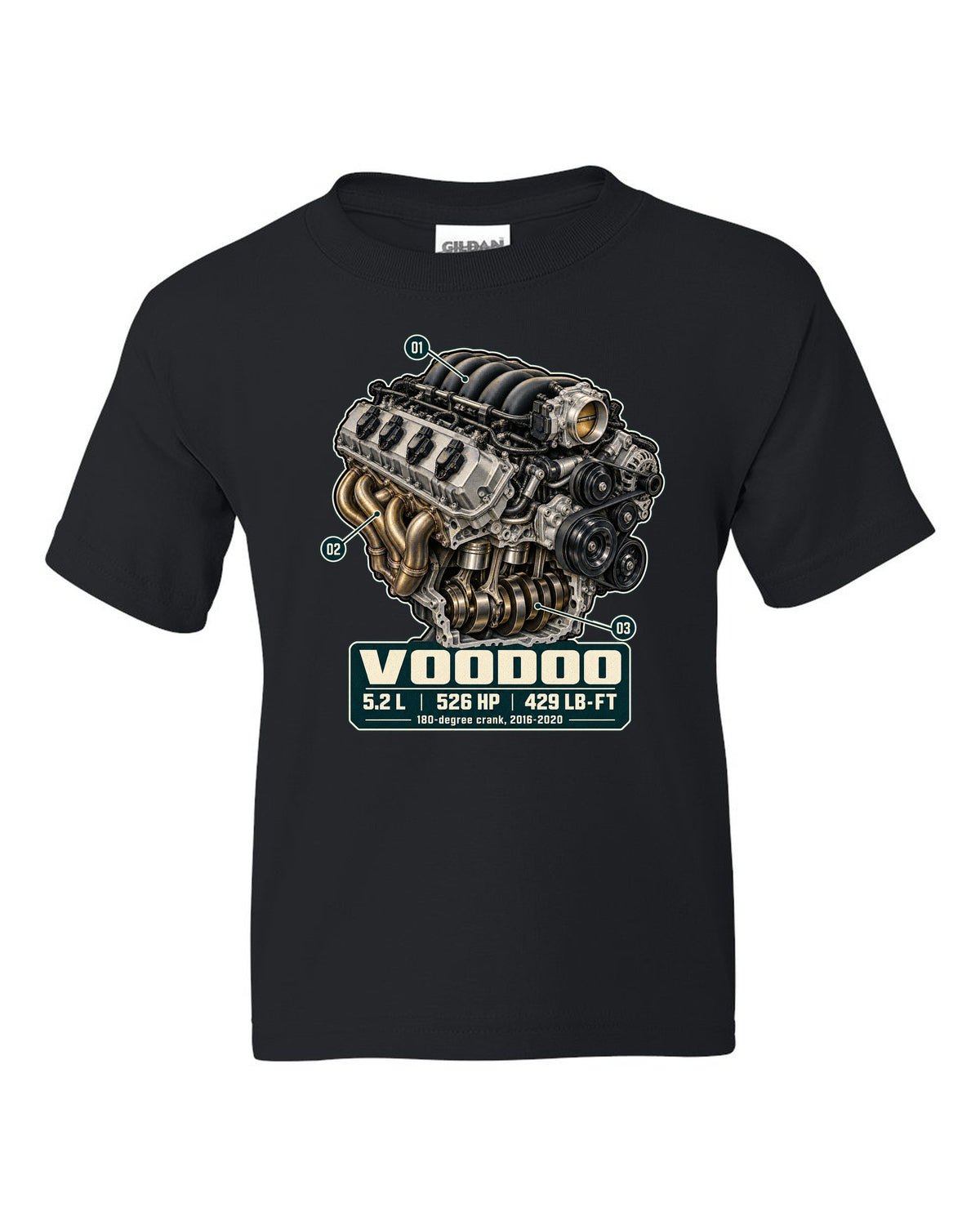Ford Mustang S550 Shelby GT350 Voodoo 5.2 L engine hero print black kids tee front view with the design