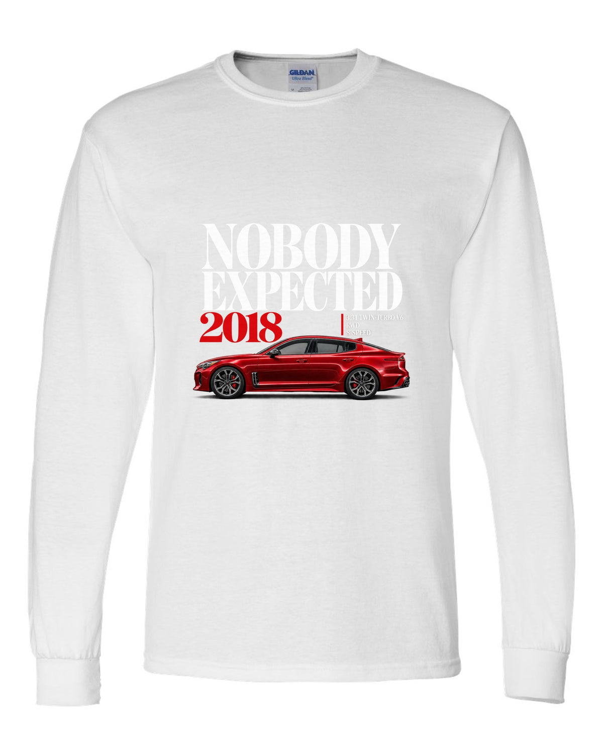 Kia Stinger GT editorial headline print with twin-turbo V6 spec text white long sleeve front view with the design