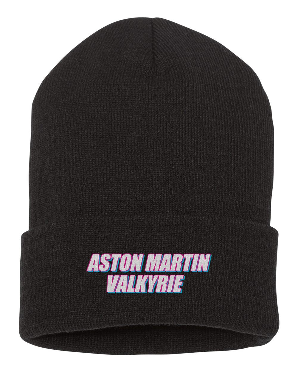 Aston Martin Valkyrie black beanie front view with car name