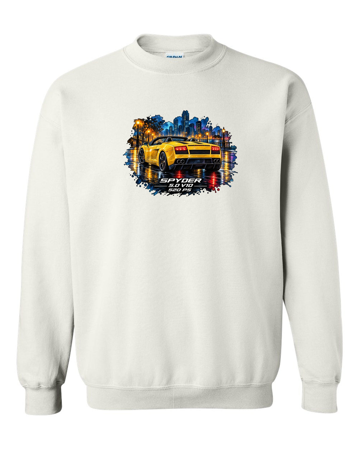 Watercolour wet-road night scene of a Lamborghini Gallardo Spyder with V10 and 520 PS text white crewneck front view with the design