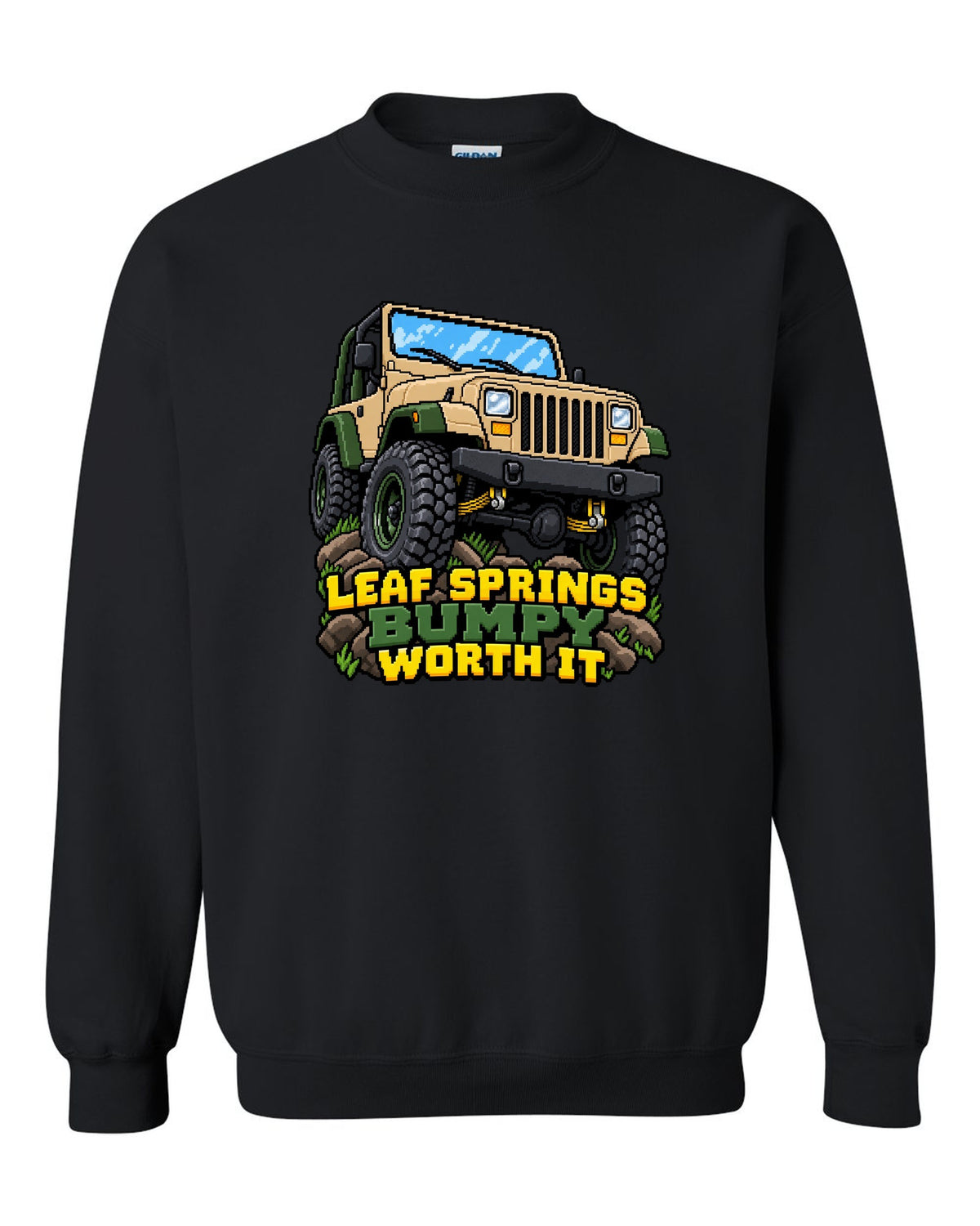 16-bit pixel art illustration of a Jeep Wrangler YJ with LEAF SPRINGS BUMPY WORTH IT lettering black crewneck front view with the design