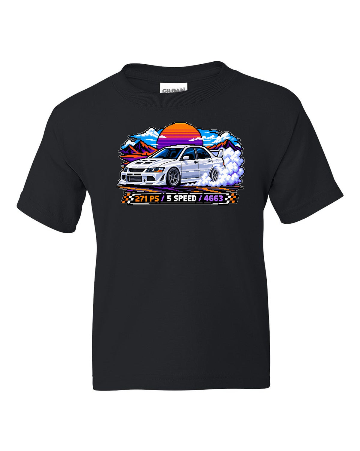 Pixel art burnout print of the Mitsubishi Evo VIII CT9A with 271 PS 5 speed 4G63 text black kids tee front view with the design