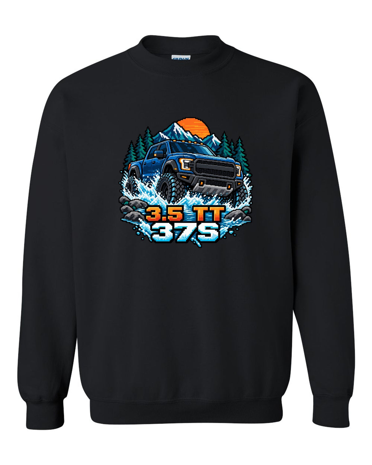 8/16-bit pixel art print of a Ford F-150 Raptor Gen 3 P702 crossing a river black crewneck front view with the design