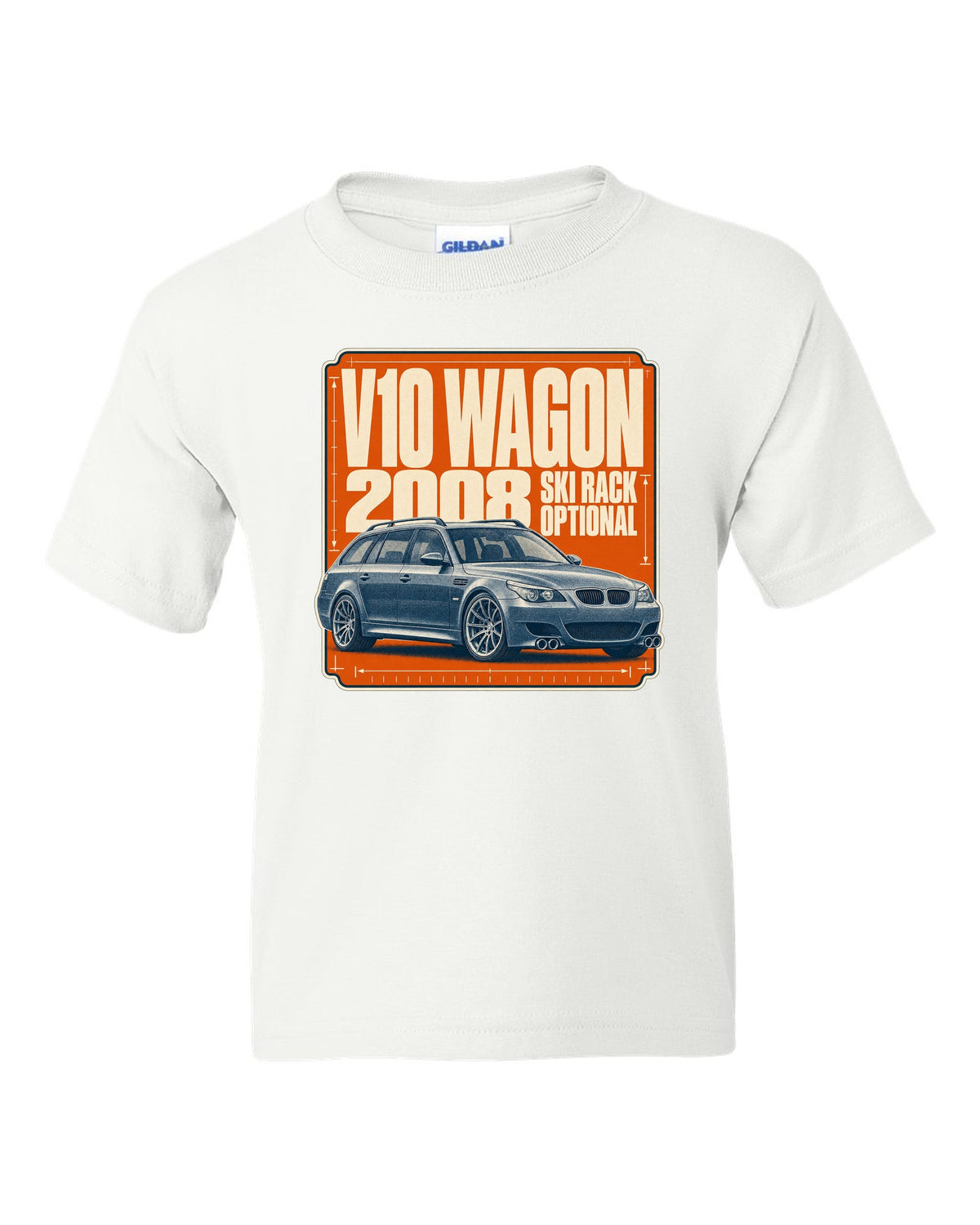BMW M5 E61 Touring wagon halftone print white kids tee front view with the design
