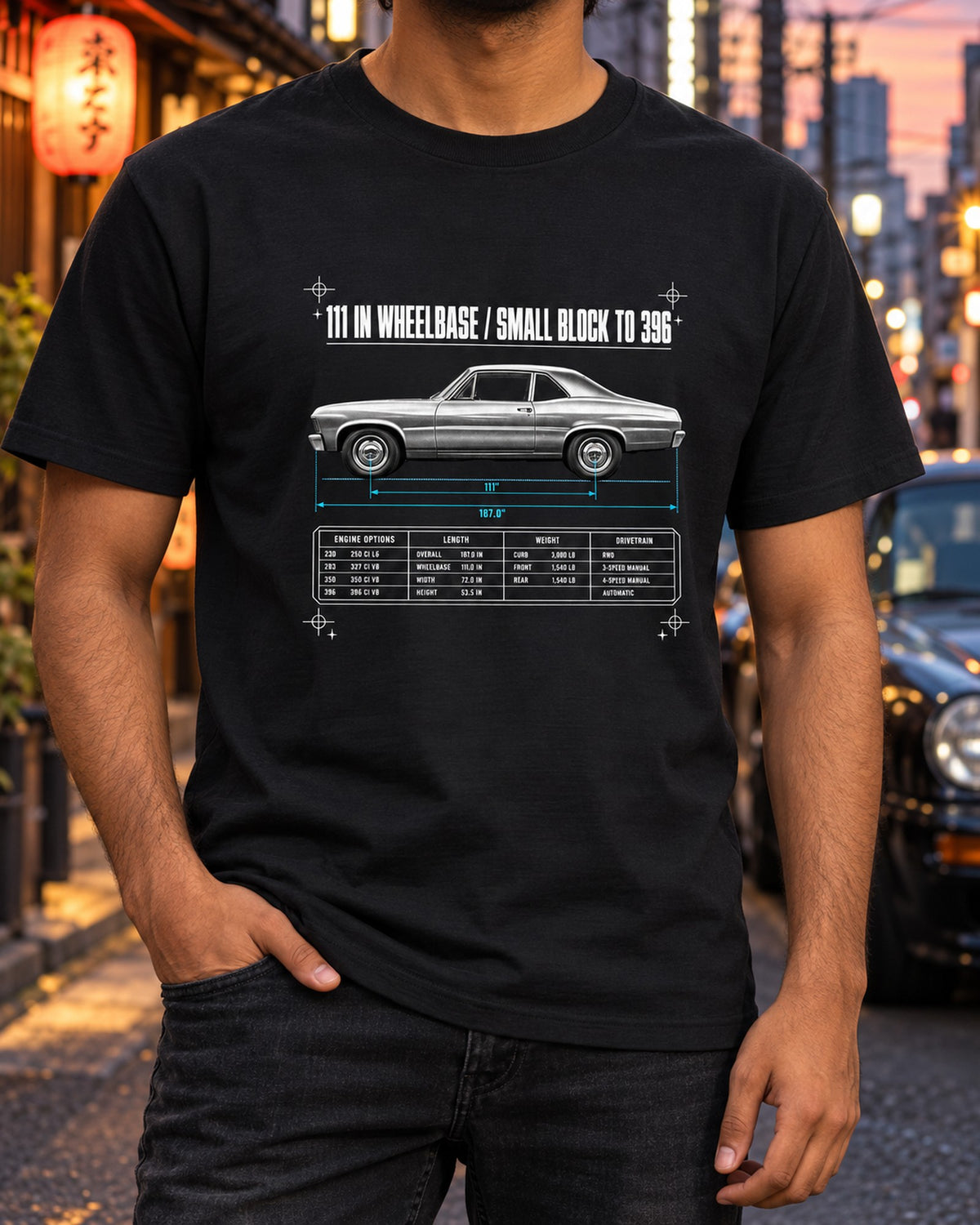 1968 Nova X-Body Spec Poster Shirt, 111 Inch Wheelbase T-Shirt Black worn hero