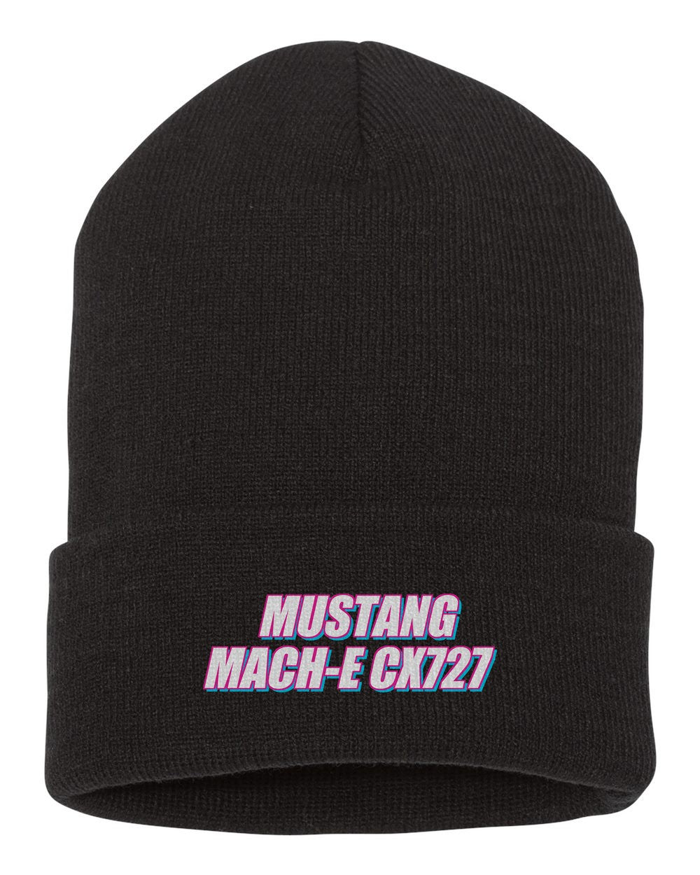 Mustang Mach-E Cx727 black beanie front view with car name