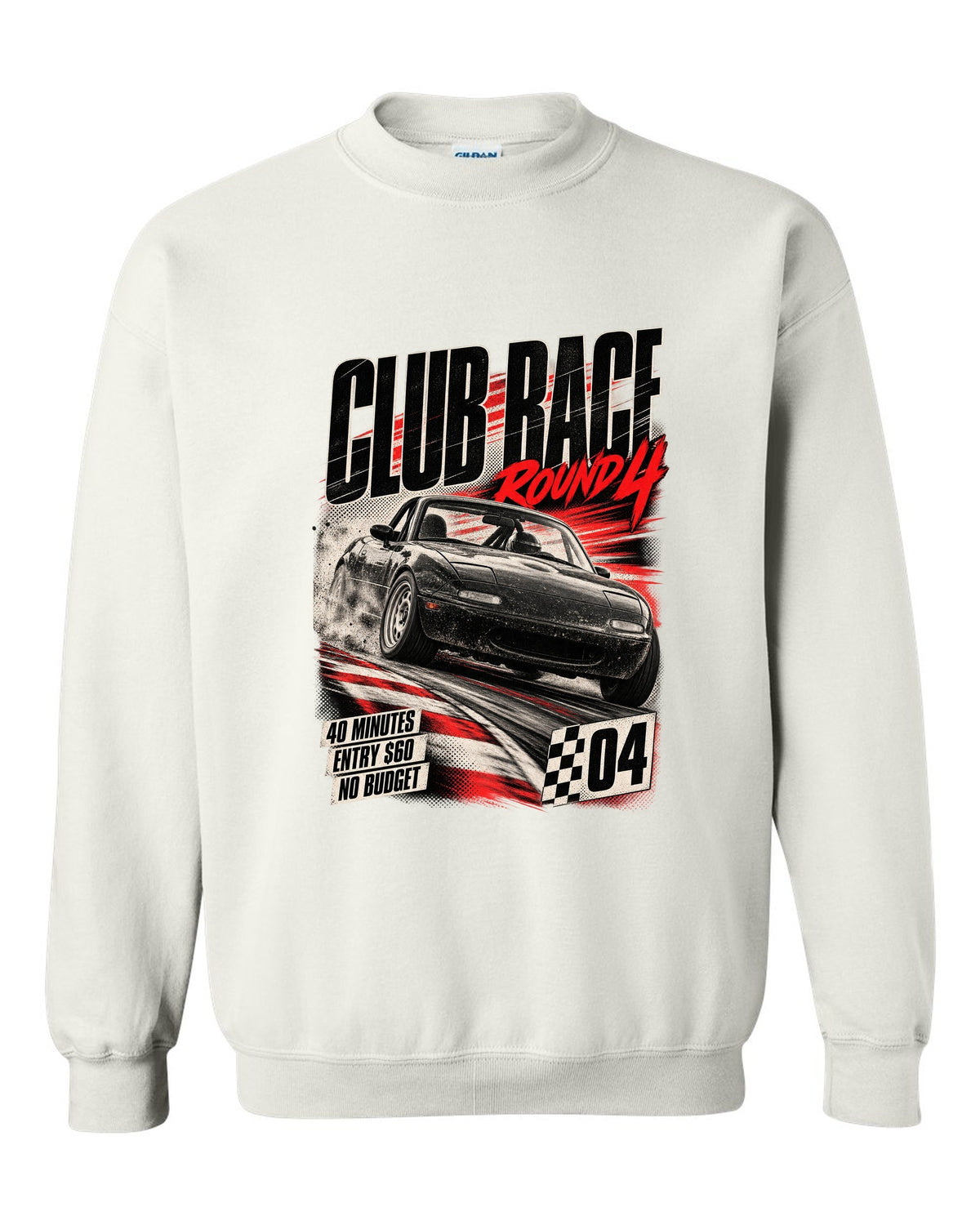 Race poster print for the Mazda MX-5 NA 1989-97 reading club race round 4, 40 minutes, entry $60 white crewneck front view with the design