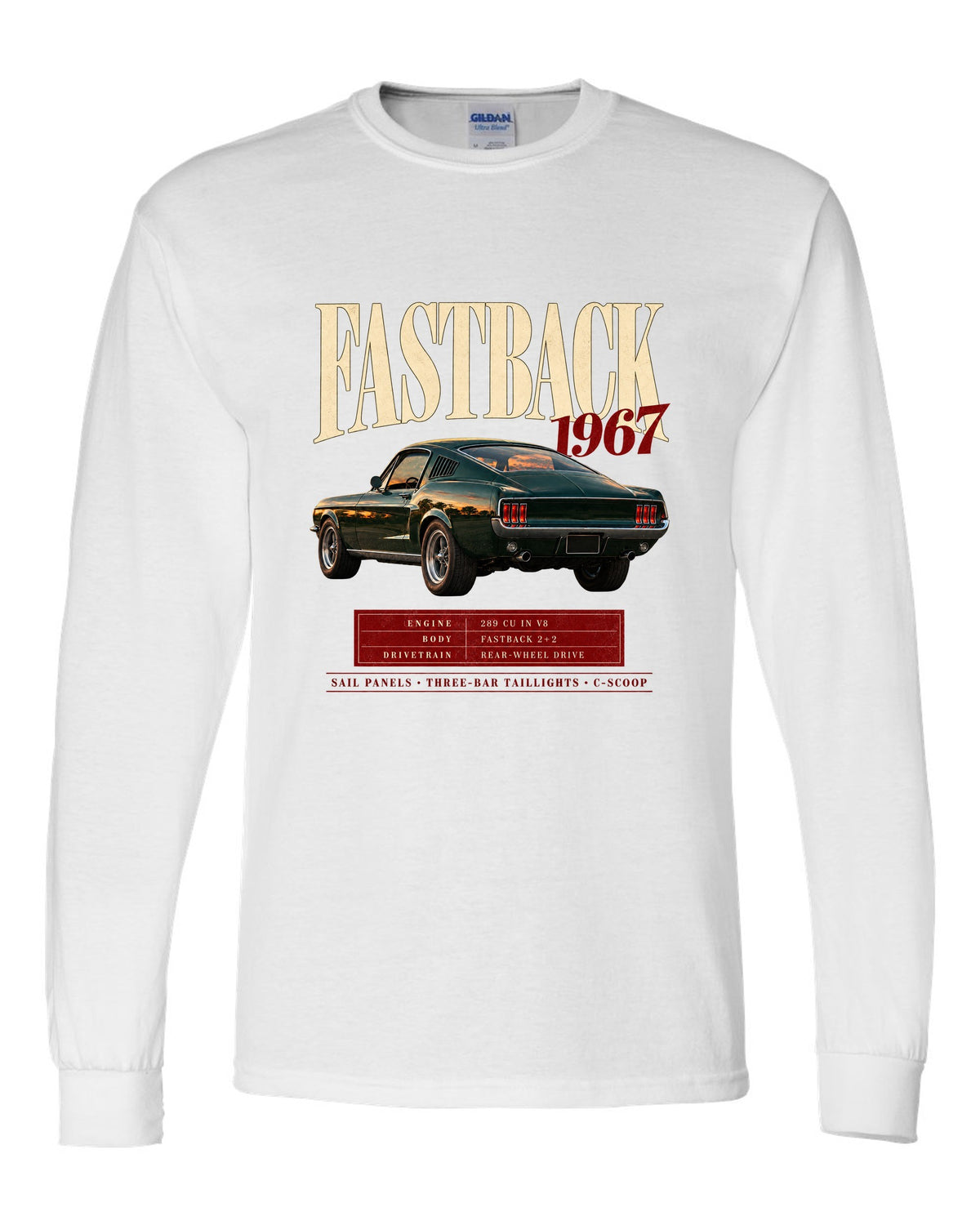 Archive panel illustration of a 1967 Ford Mustang fastback with 289 V8 spec callouts white long sleeve front view with the design