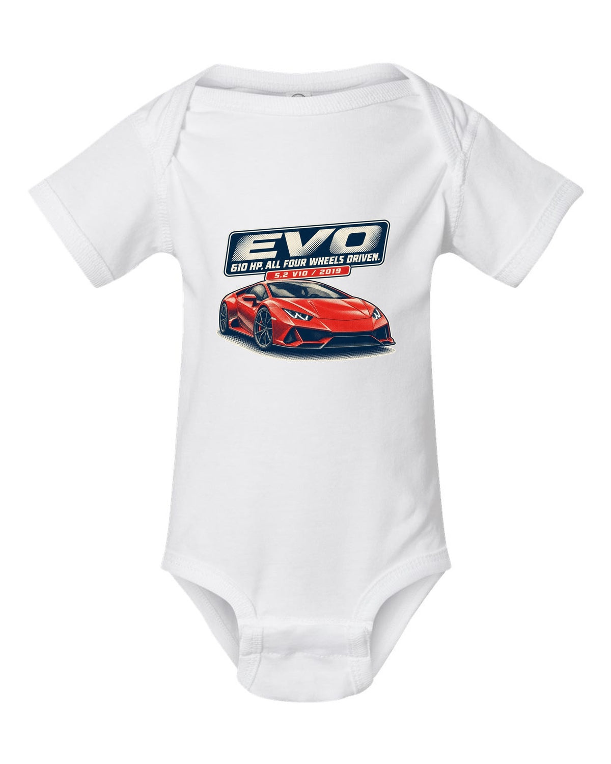 Halftone print of the Lamborghini Huracan EVO white baby onesie front view with the design