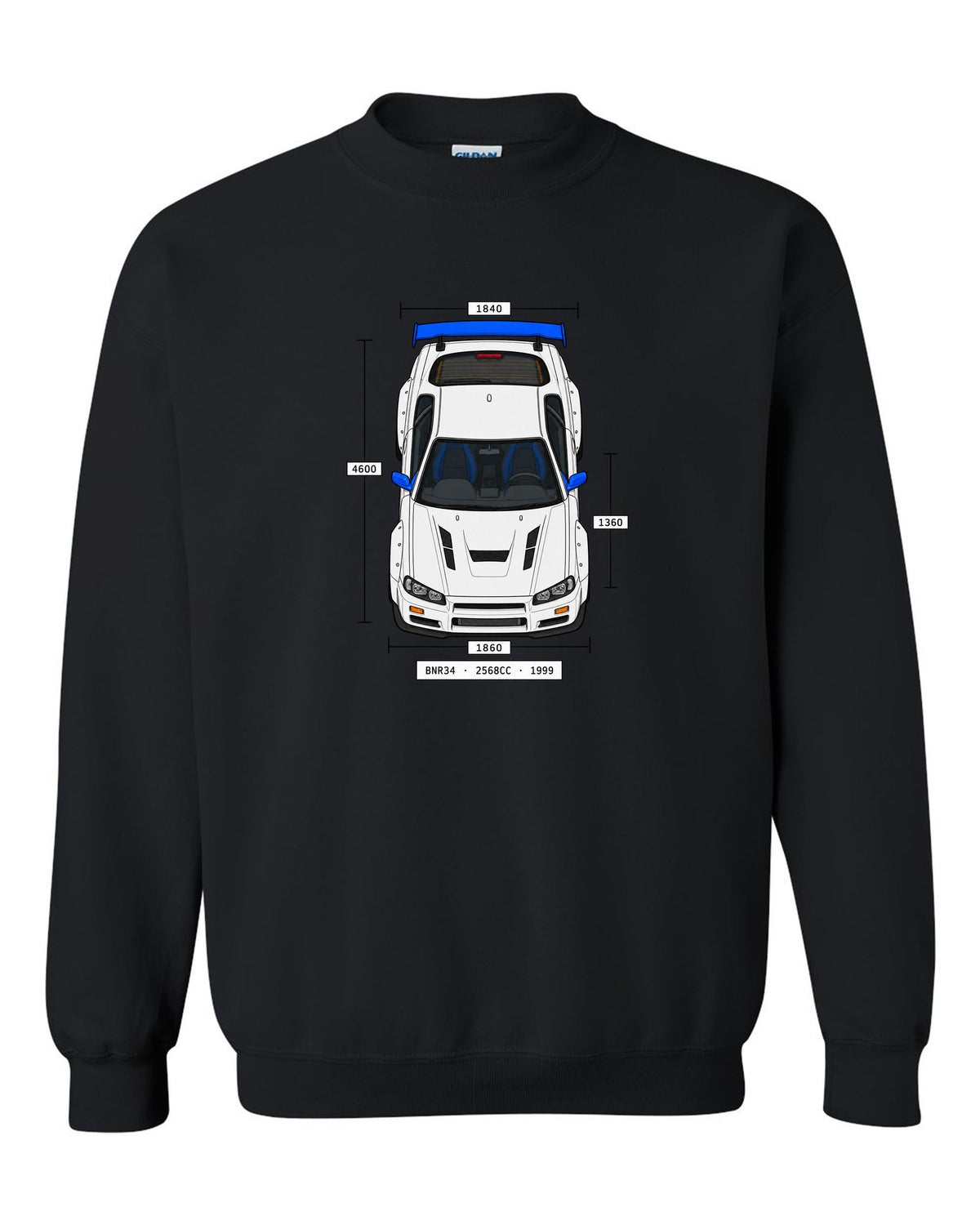 Spec-sheet data plate print reading BNR34 2568cc 1999 for the Nissan Skyline GT-R R34 black crewneck front view with the design