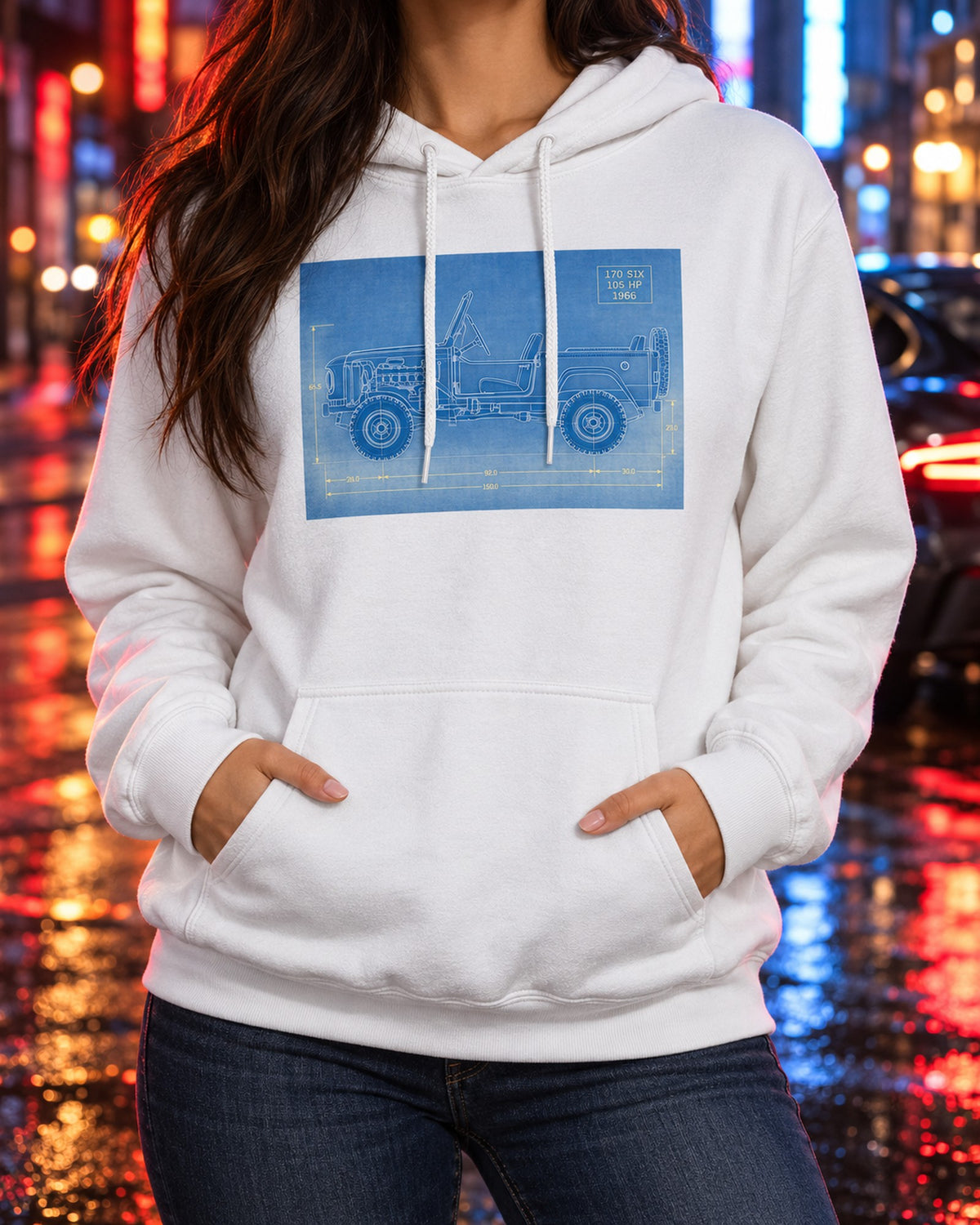 1966 Ford Bronco U13 Roadster Dawn Trailhead Blueprint Shirt Pull Over Hoodie White worn hero
