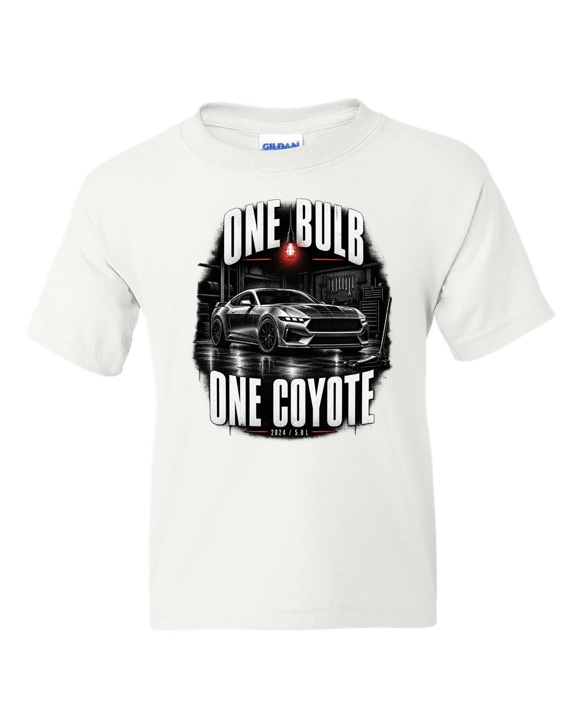 Ford Mustang S650 GT coupe in a dimly lit garage, one bulb one Coyote print white kids tee front view with the design