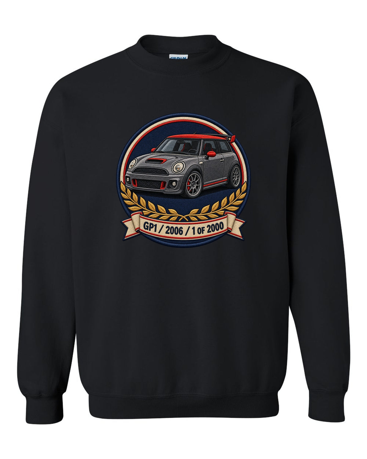 Varsity crest for the Mini Cooper GP1 2006, 1 of 2000 black crewneck front view with the design