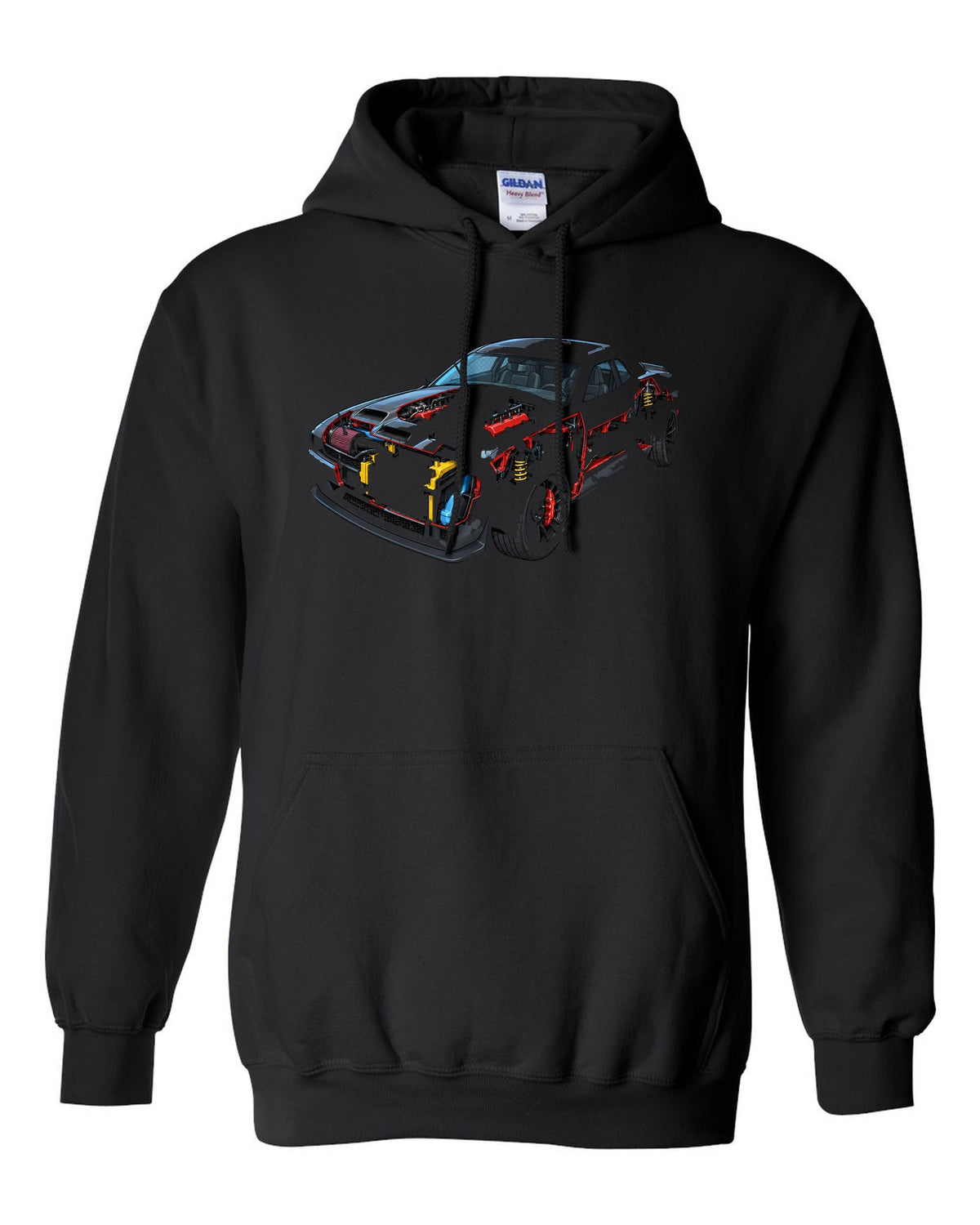 2018 Dodge Challenger Hellcat supercharger cutaway technical illustration print with 707 HP text black pull over hoodie front view with the design