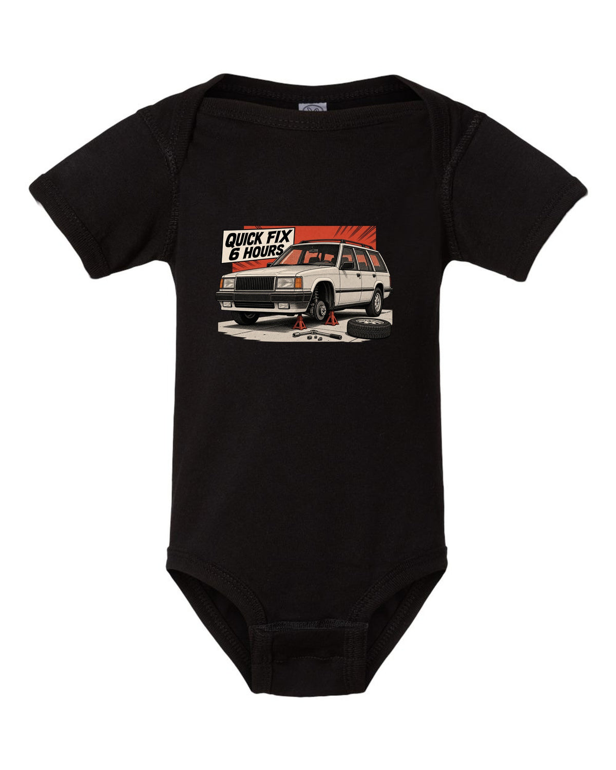 Retro manga halftone panel of a Jeep Cherokee XJ on jack stands with Quick Fix 6 Hours text black baby onesie front view with the design