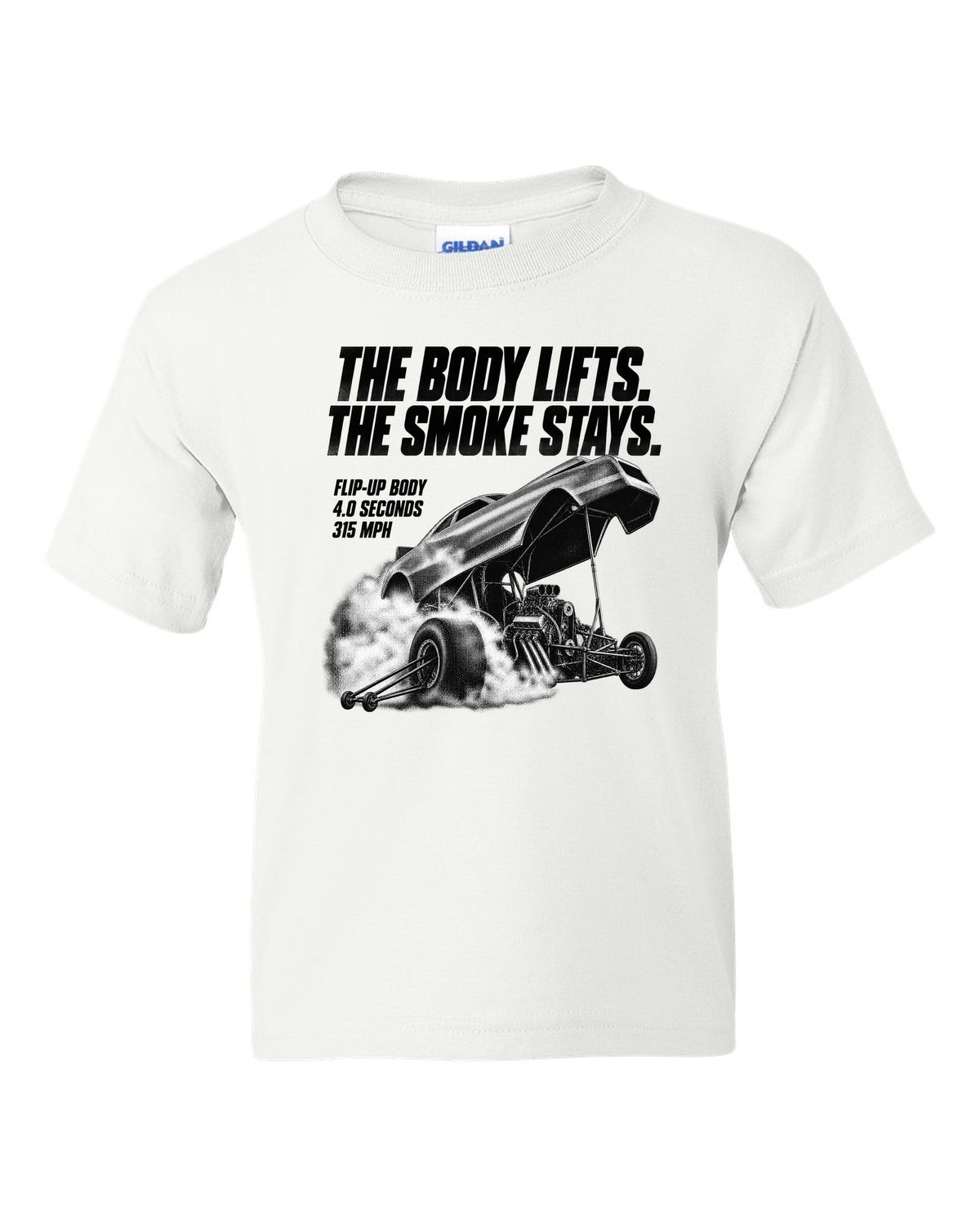Funny Car flip-up body halftone print with 4.0 seconds and 315 mph text white kids tee front view with the design