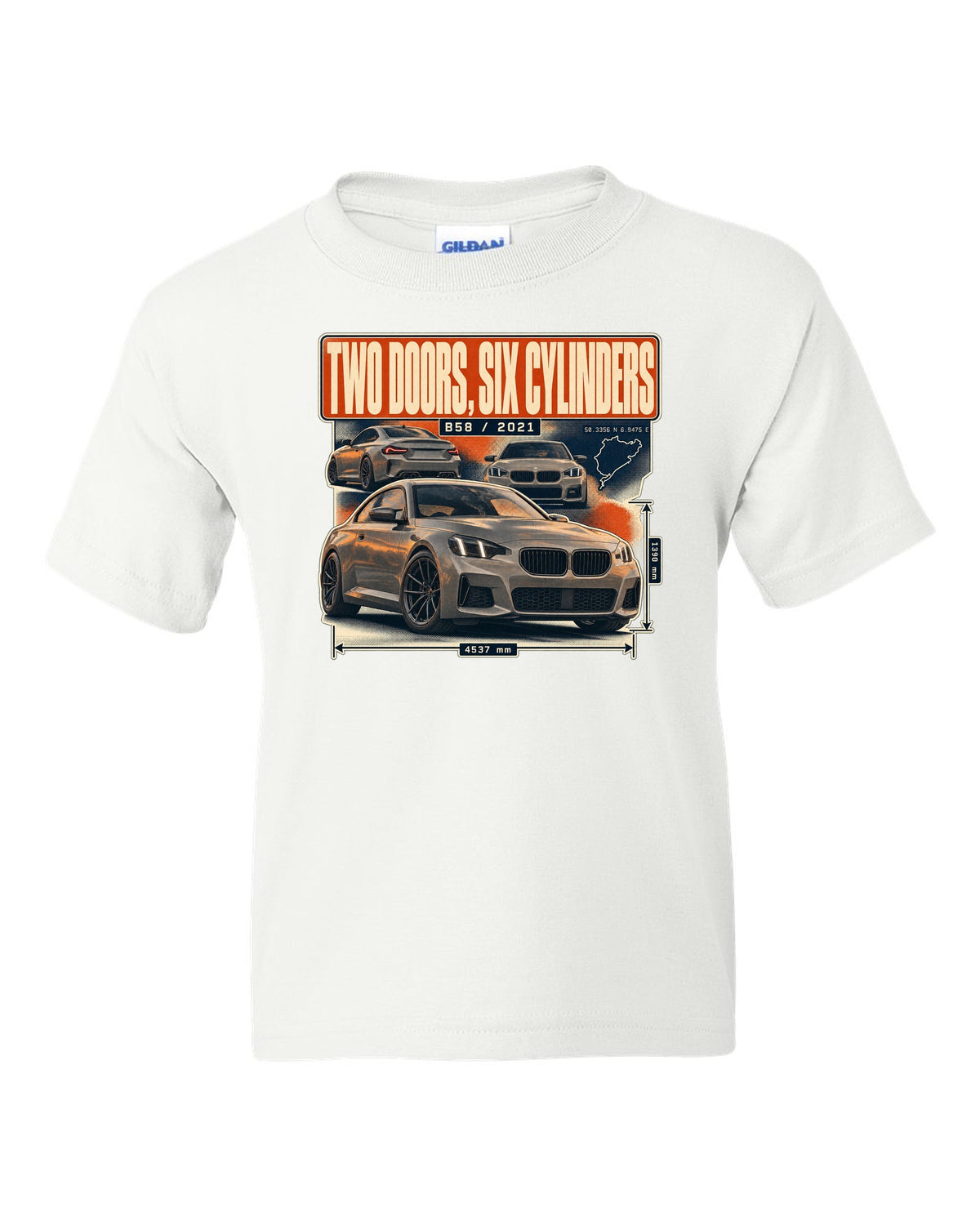 BMW M240i G42 coupe magazine-style editorial headline print white kids tee front view with the design
