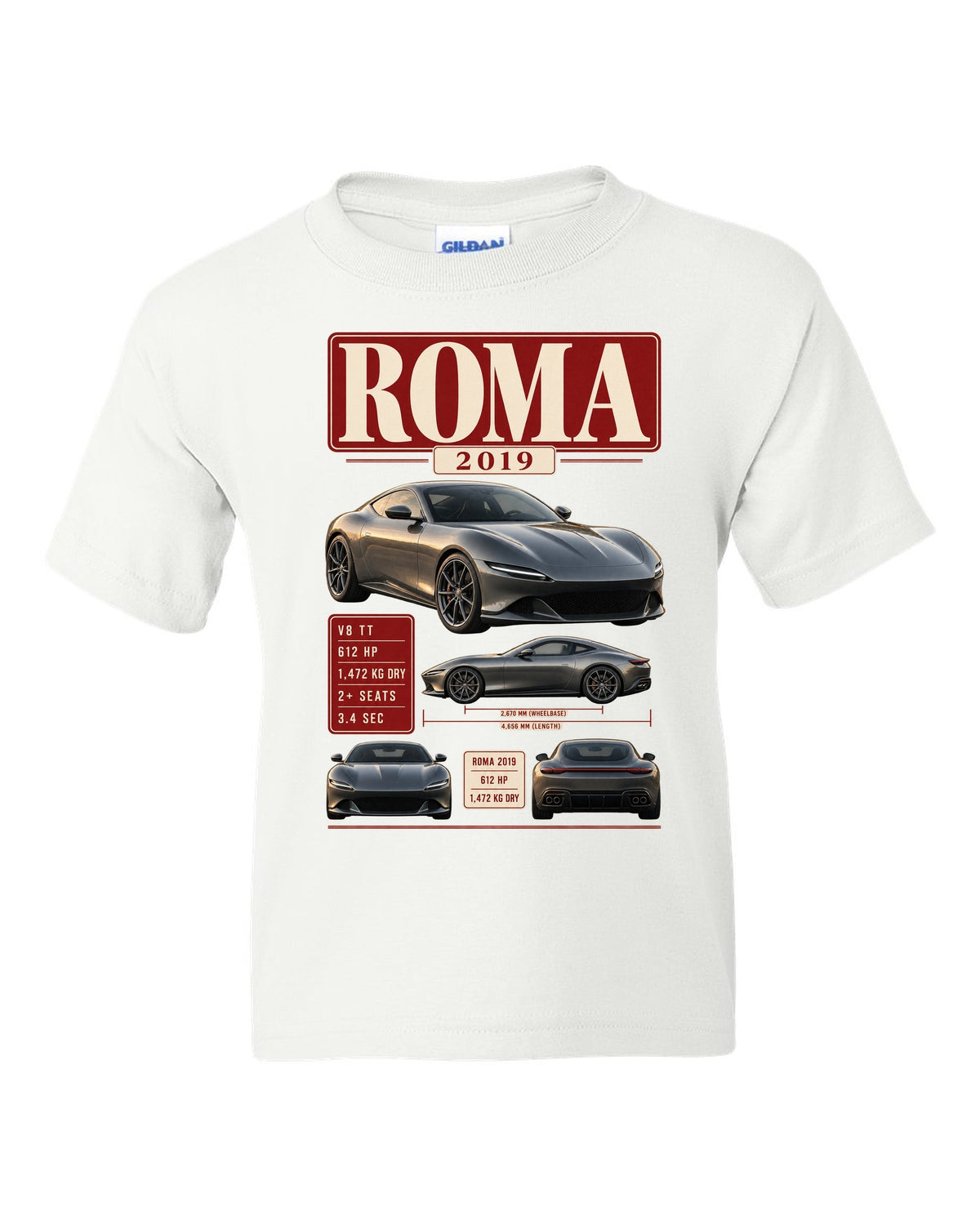 Archive panel print of the Ferrari Roma with 2019 spec text white kids tee front view with the design