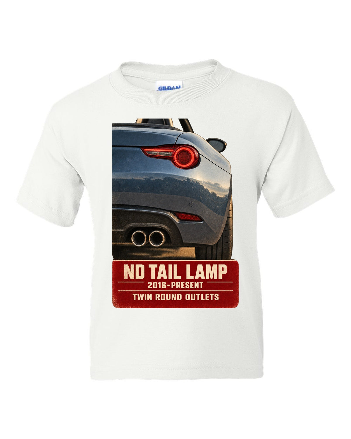 Macro poster-style print of the tail lamp and twin round exhaust outlets on a Mazda MX-5 ND white kids tee front view with the design