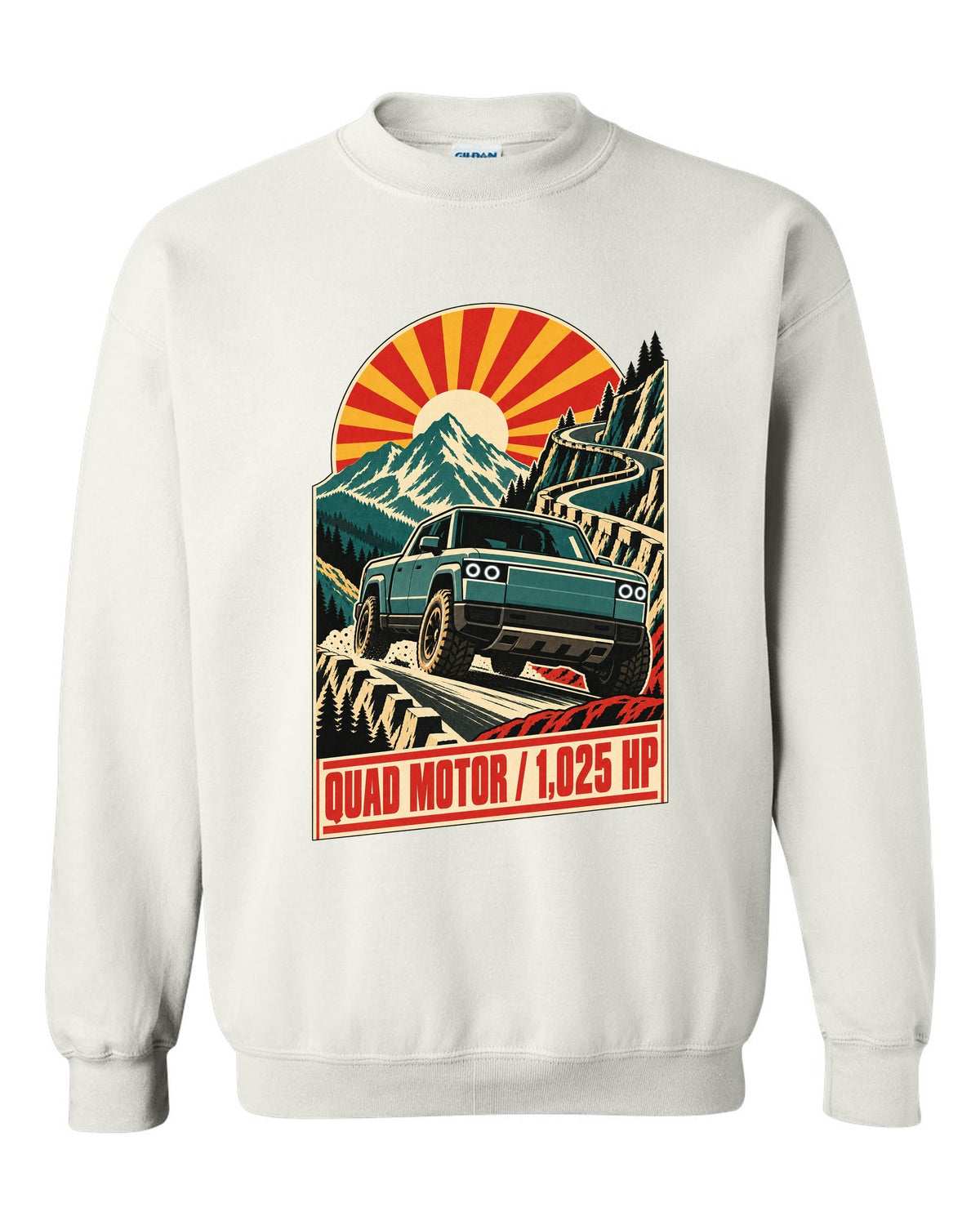 1960s lithographed vintage race poster print of a Rivian R1T reading Quad Motor 1,025 HP white crewneck front view with the design