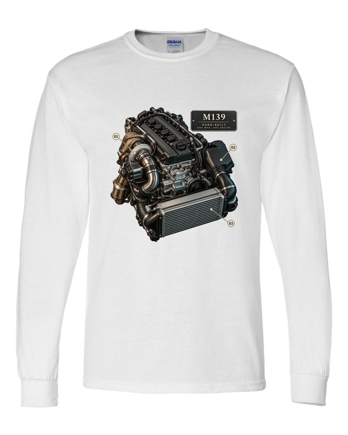 Mercedes-AMG C63 S E Performance W206 M139 engine illustration white long sleeve front view with the design