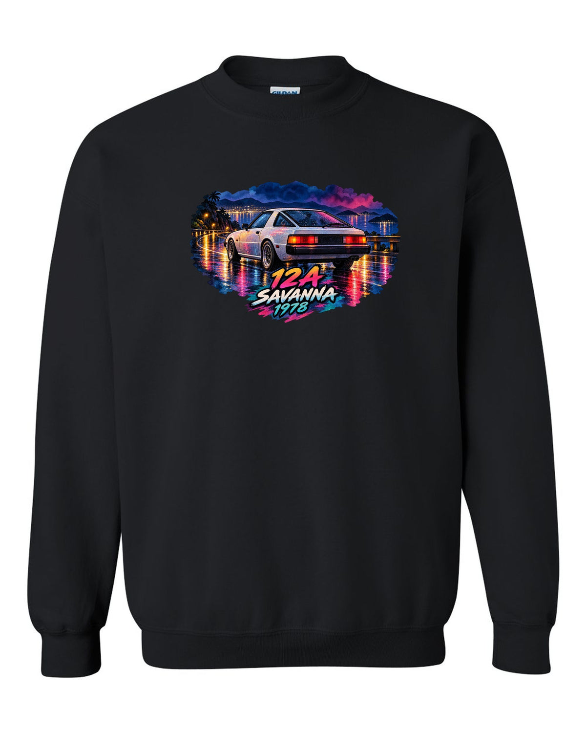 Watercolour wet road night print of a Mazda Savanna RX-7 SA22C with text 12A, Savanna, 1978 black crewneck front view with the design