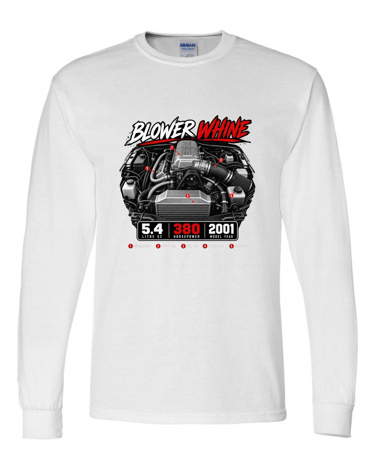 Ford F-150 SVT Lightning 1999-2004 engine hero print with blower whine and 5.4 SC white long sleeve front view with the design