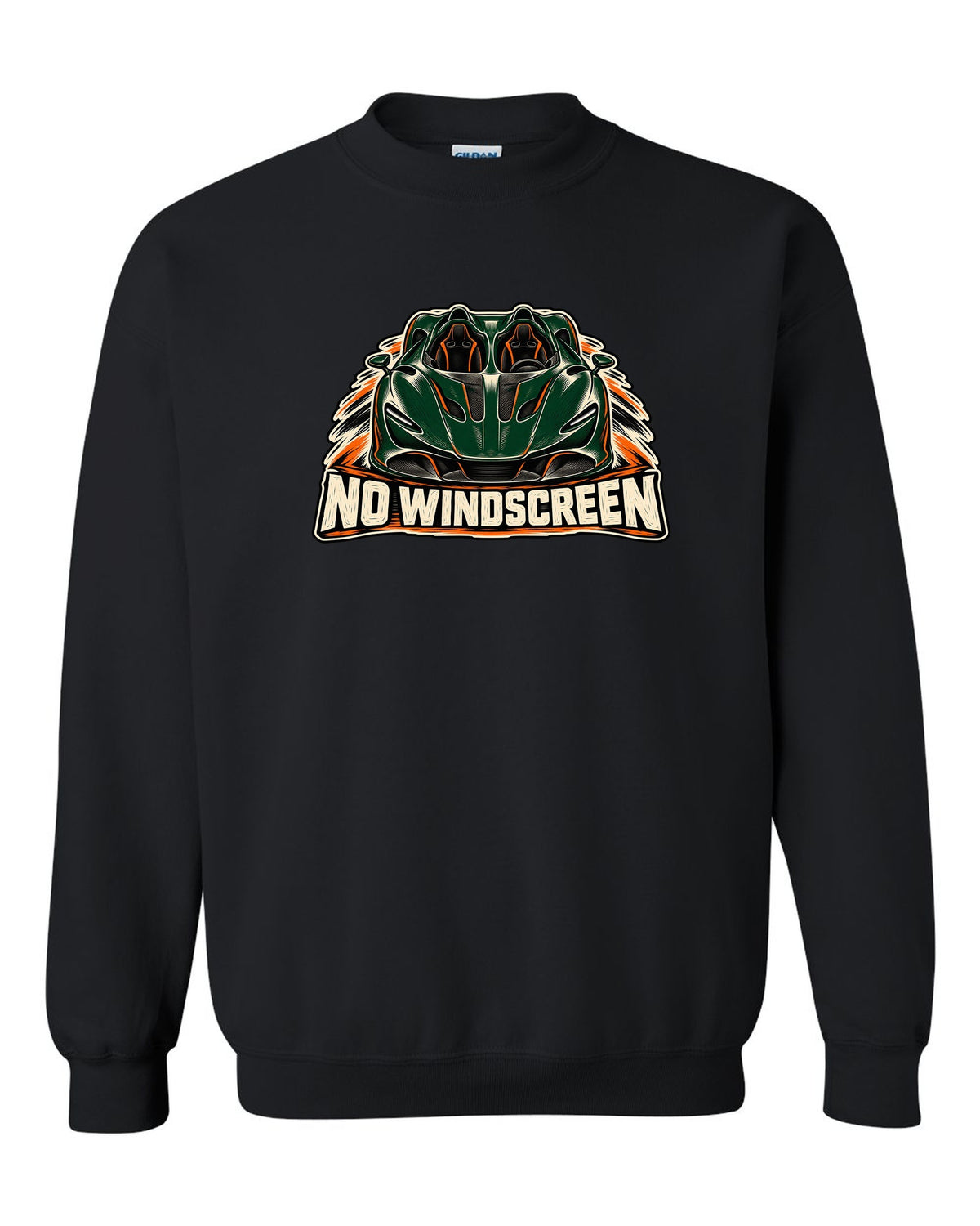 McLaren Elva linocut print with accent colour and NO WINDSCREEN lettering black crewneck front view with the design