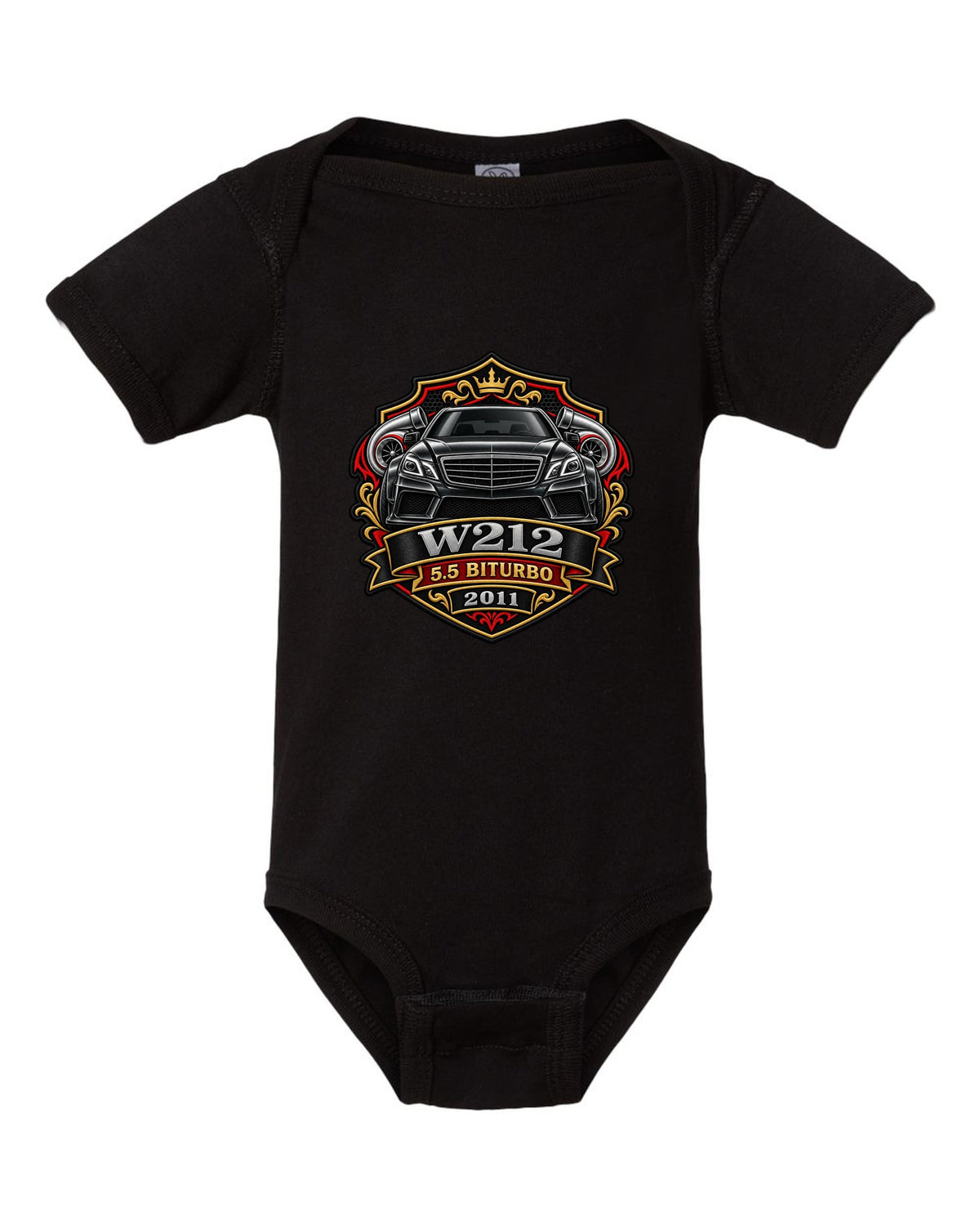 Varsity crest graphic reading W212 5.5 Biturbo 2011 for the Mercedes E63 W212, print black baby onesie front view with the design