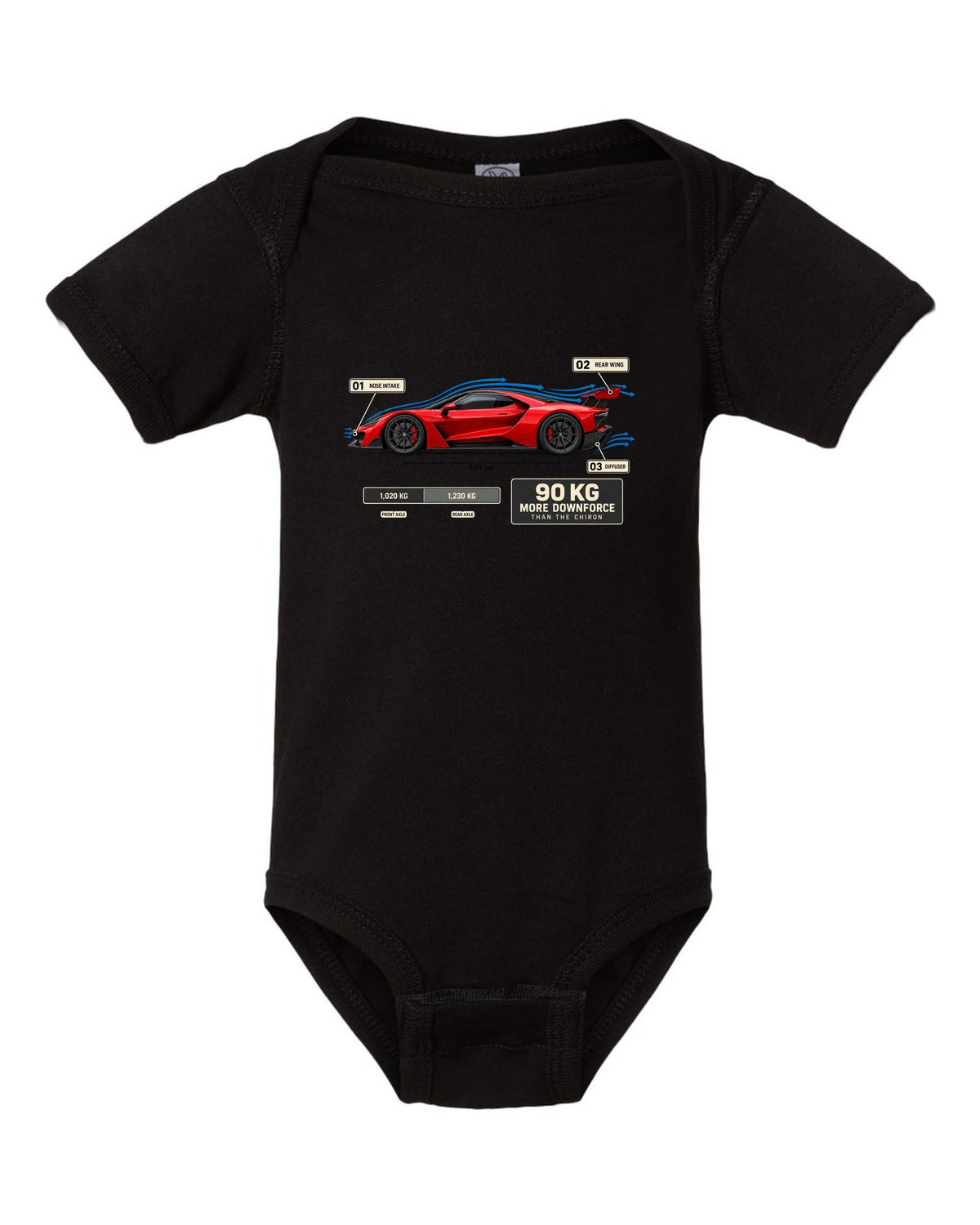 Bugatti Divo aero callouts diagram print about downforce versus Chiron black baby onesie front view with the design