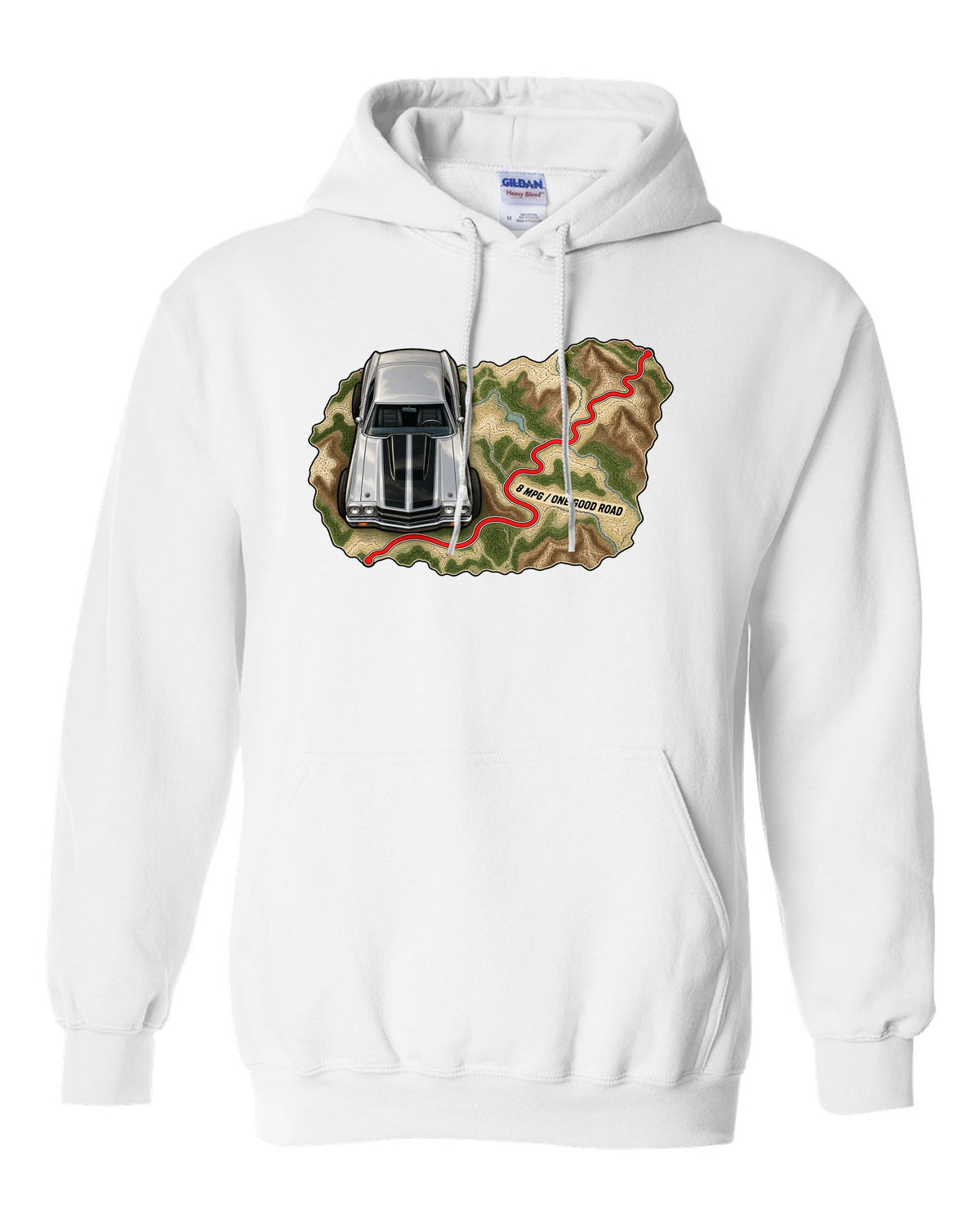 1970 Chevelle SS 454 on a topographic route map with the text 8 MPG One Good Road white pull over hoodie front view with the design