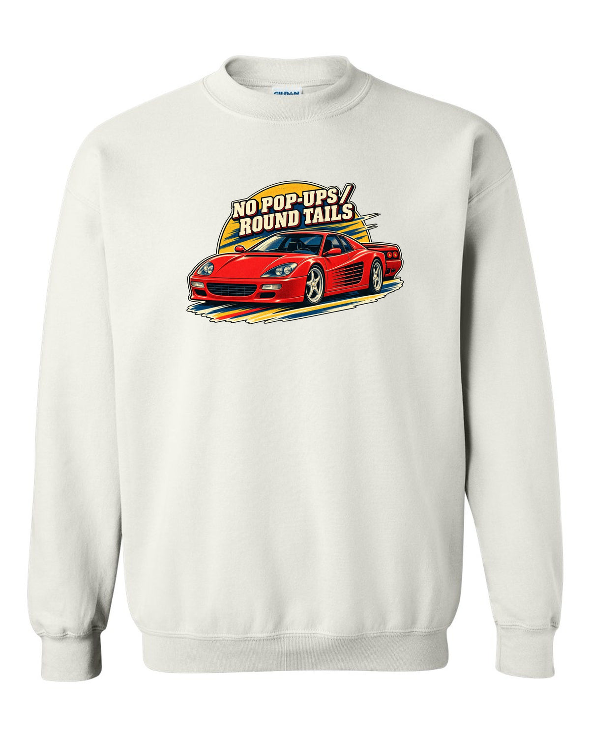 Retro race programme illustration print of the Ferrari F512 M with the text no pop-ups, round tails white crewneck front view with the design